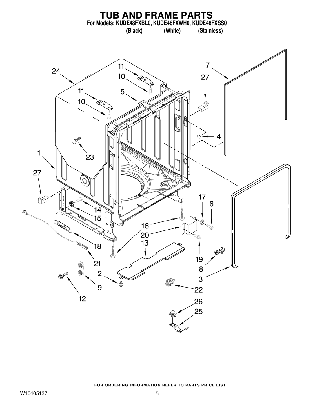 KitchenAid KUDE48FXWH0, KUDE48FXSS0, KUDE48FXBL0 manual TUB and Frame Parts 