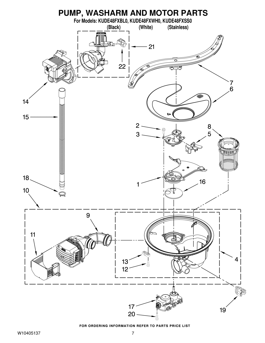 KitchenAid KUDE48FXBL0, KUDE48FXSS0, KUDE48FXWH0 manual PUMP, Washarm and Motor Parts 