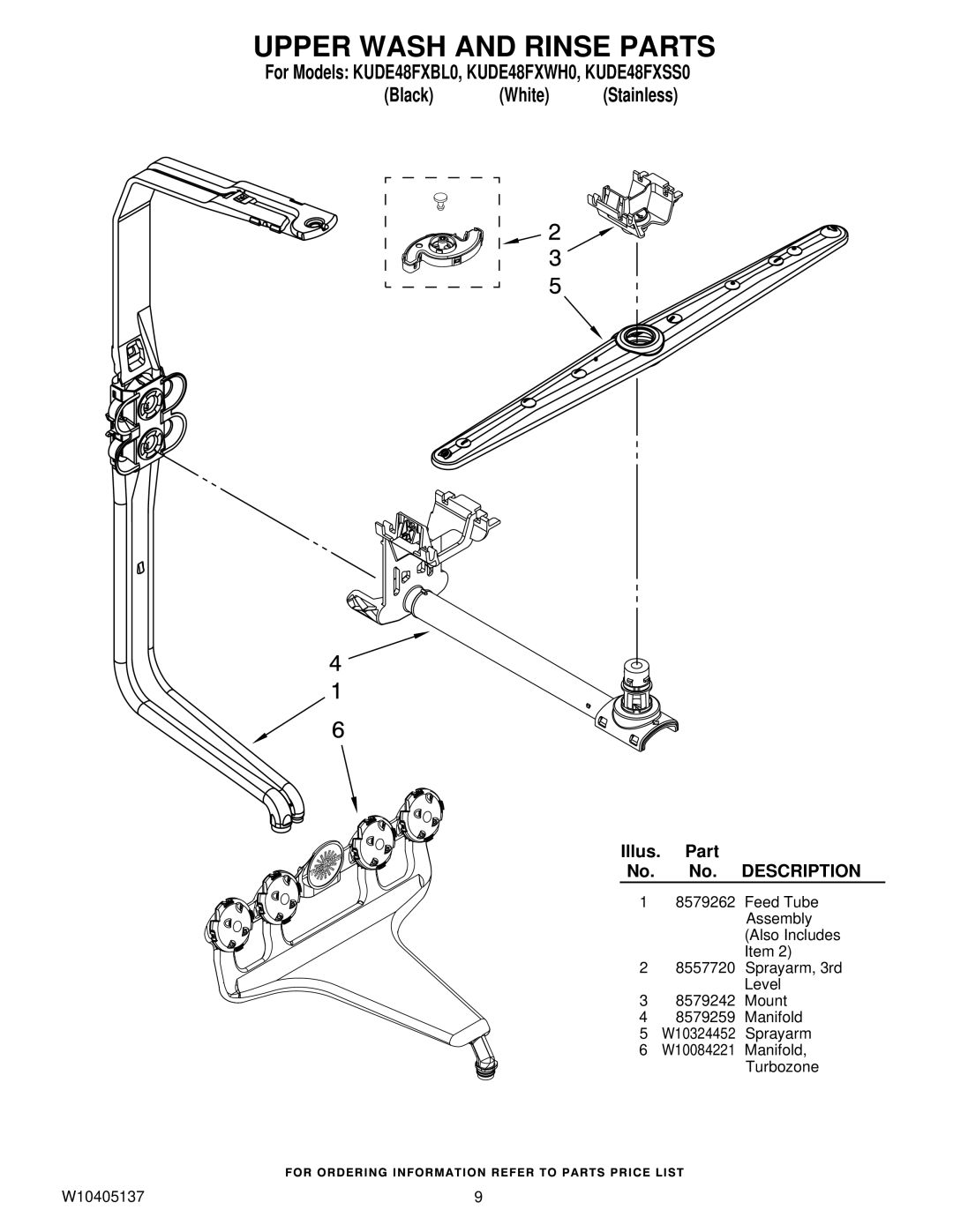 KitchenAid KUDE48FXSS0, KUDE48FXBL0, KUDE48FXWH0 manual Upper Wash and Rinse Parts 