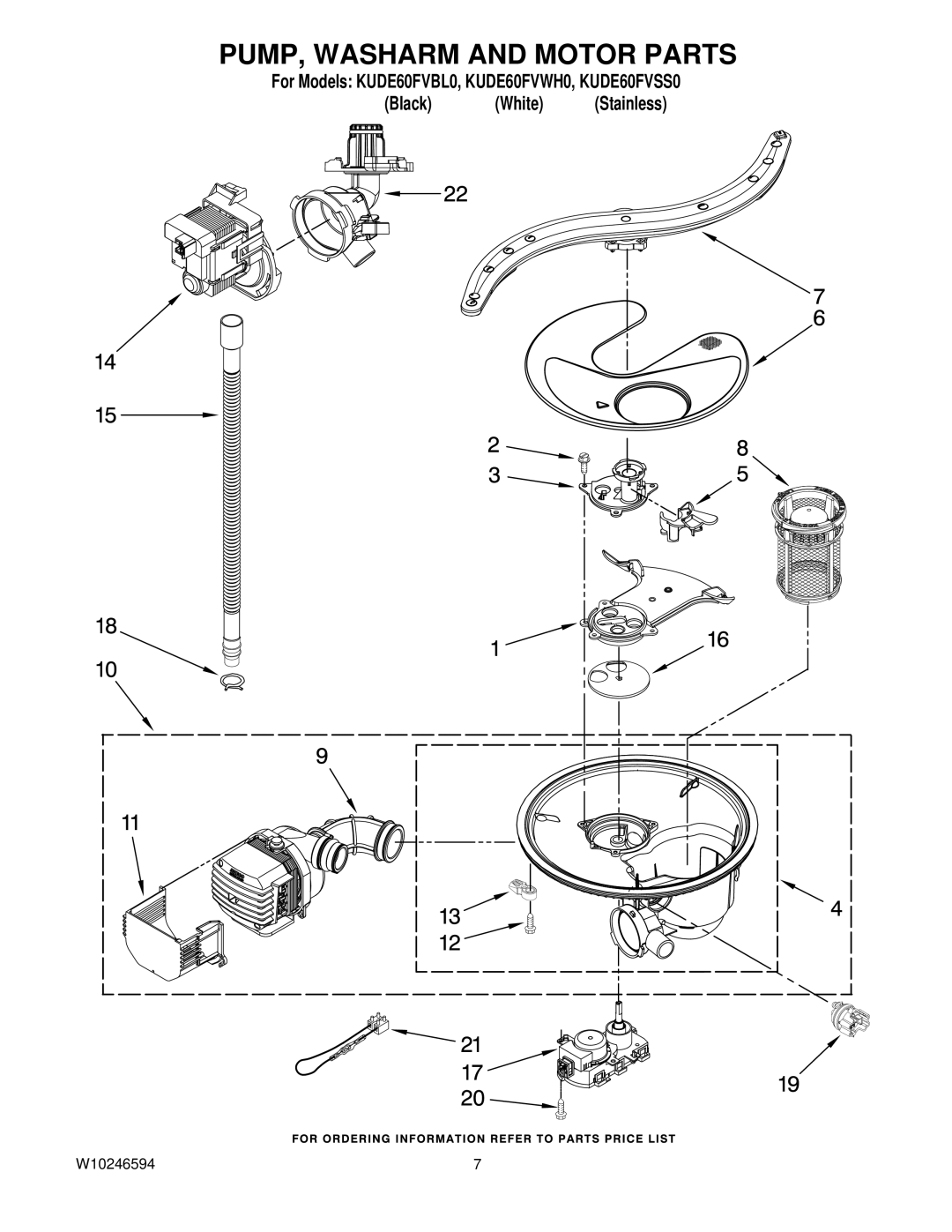 KitchenAid KUDE60FVSS0, KUDE60FVWH0, KUDE60FVBL0 manual PUMP, Washarm and Motor Parts 