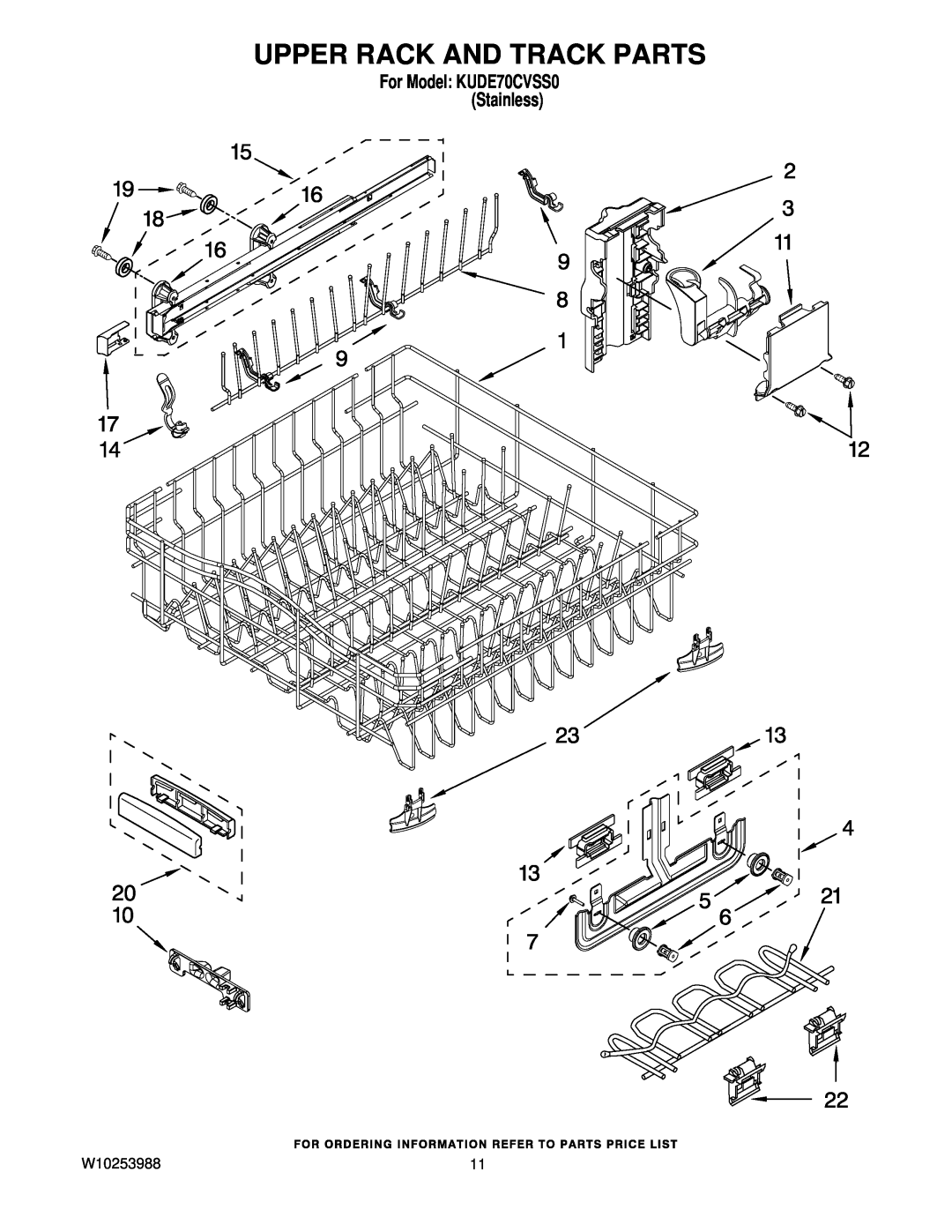 KitchenAid manual Upper Rack And Track Parts, W10253988, For Model KUDE70CVSS0 Stainless 