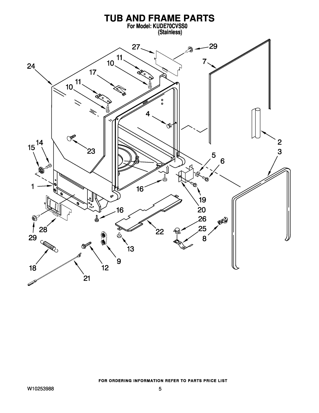 KitchenAid manual Tub And Frame Parts, W10253988, For Model KUDE70CVSS0 Stainless 