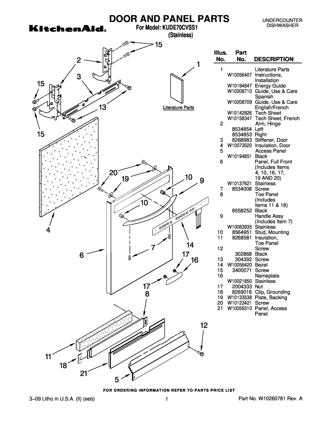 KitchenAid manual Illus, Description, Door And Panel Parts, For Model KUDE70CVSS1, Stainless 