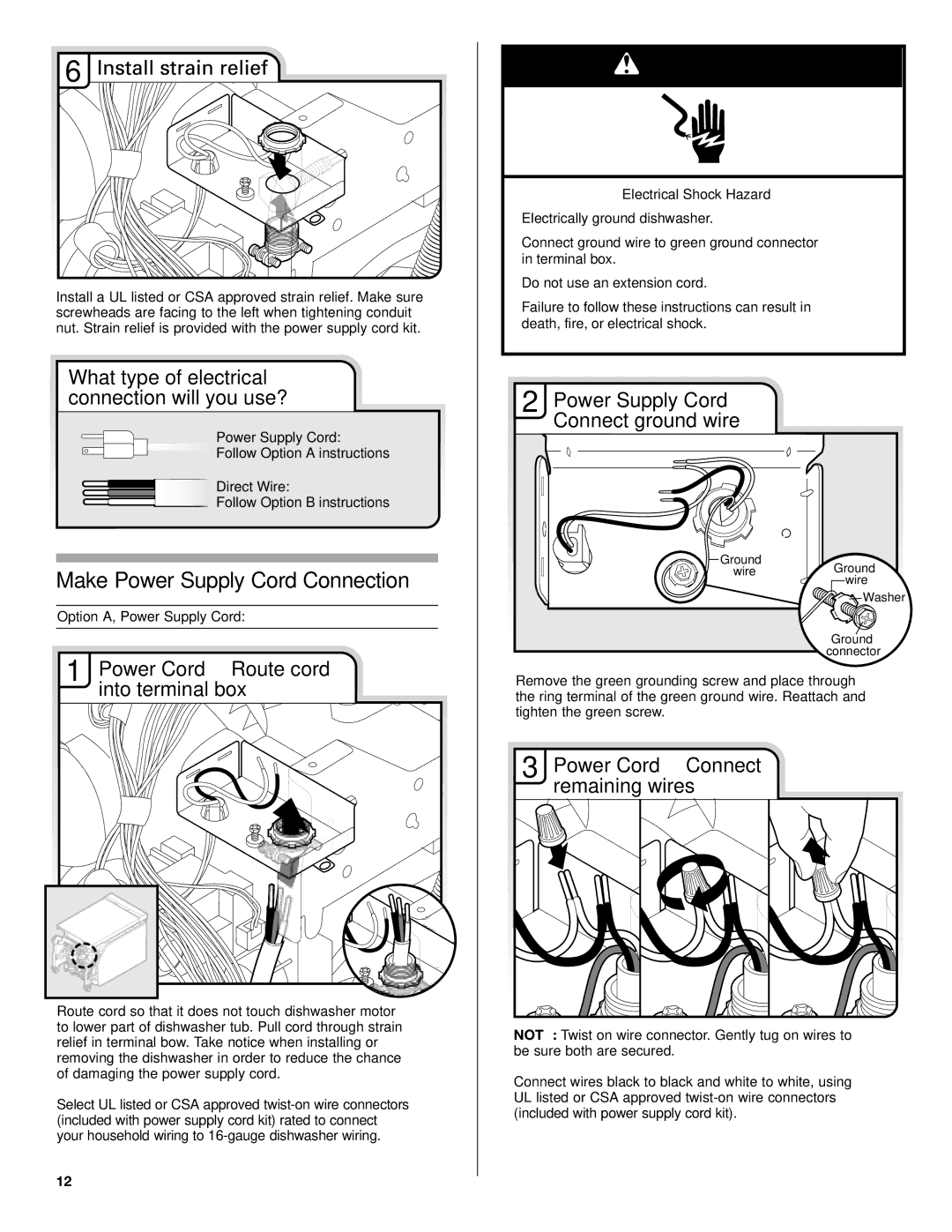 KitchenAid W10056407A, KUDE70FVPA, KUDE60FVPA Make Power Supply Cord Connection, Power Cord-Route cord into terminal box 