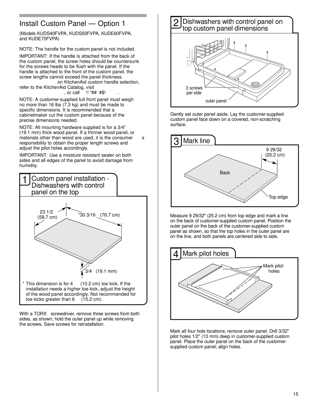 KitchenAid KUDE70FVPA, KUDE60FVPA, W10056407A, KUDS40FVPA Install Custom Panel Option, Mark line, Mark pilot holes, Back 