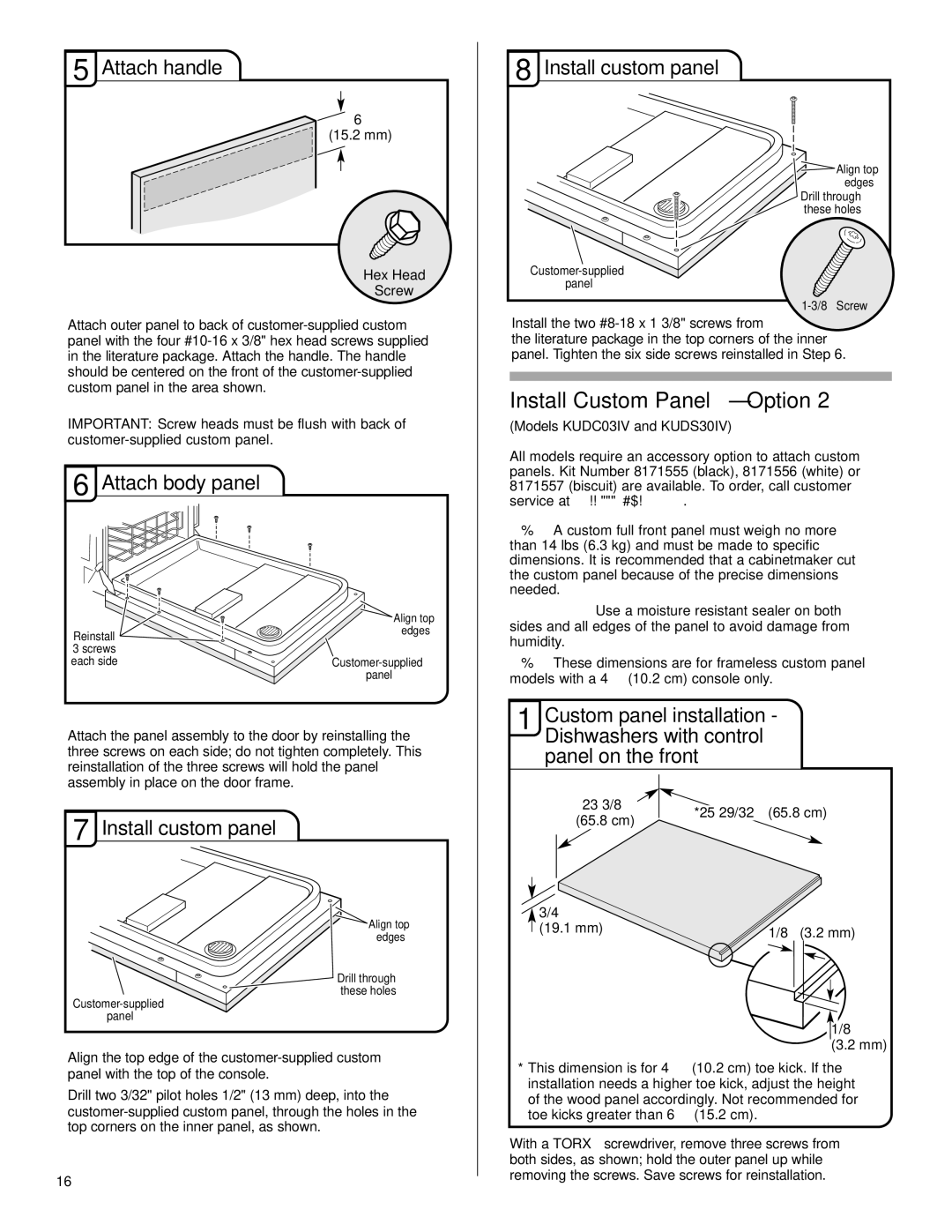 KitchenAid KUDE60FVPA, KUDE70FVPA Attach handle, Attach body panel, Install custom panel, Models KUDC03IV and KUDS30IV 