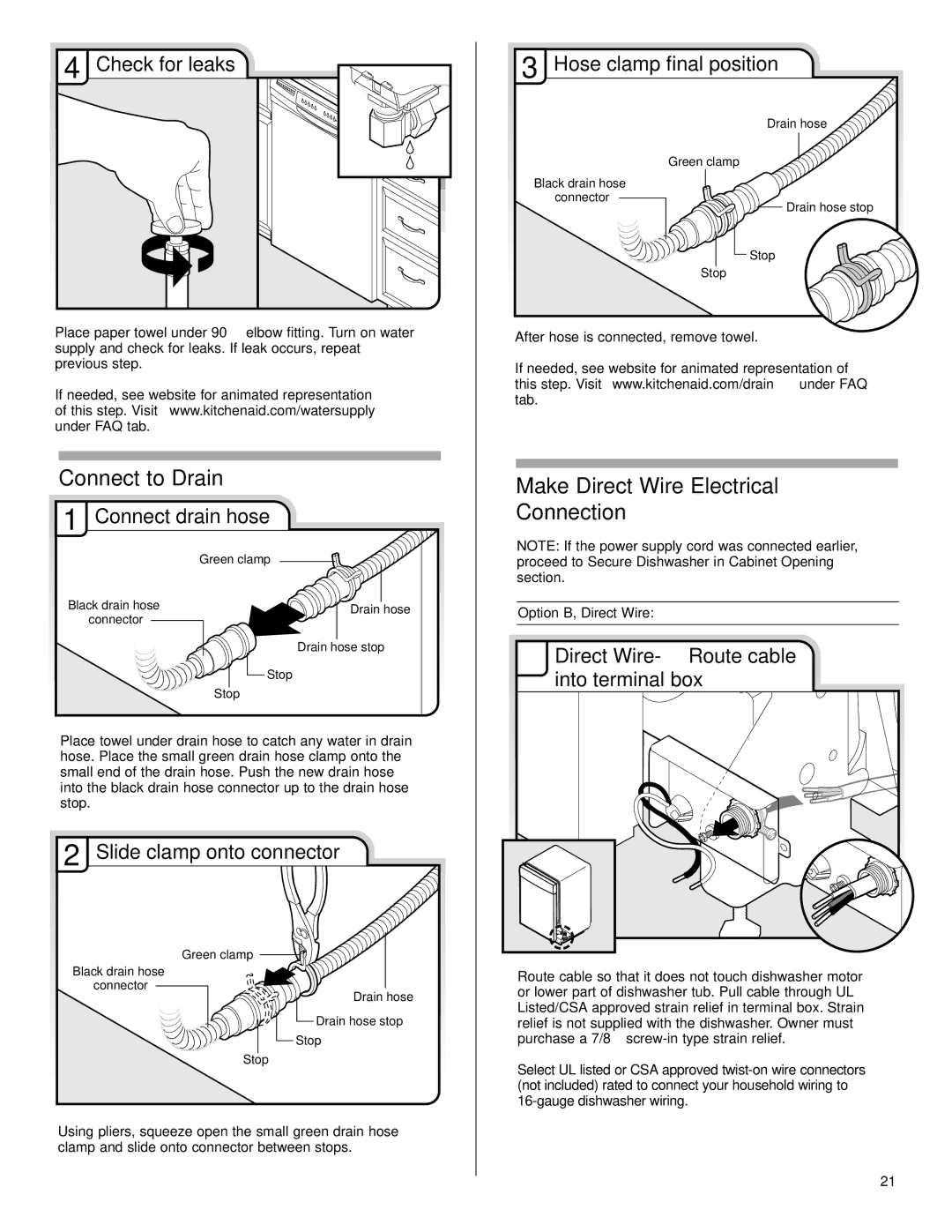 KitchenAid KUDE60FVPA Connect to Drain, Make Direct Wire Electrical Connection, Check for leaks Hose clamp final position 