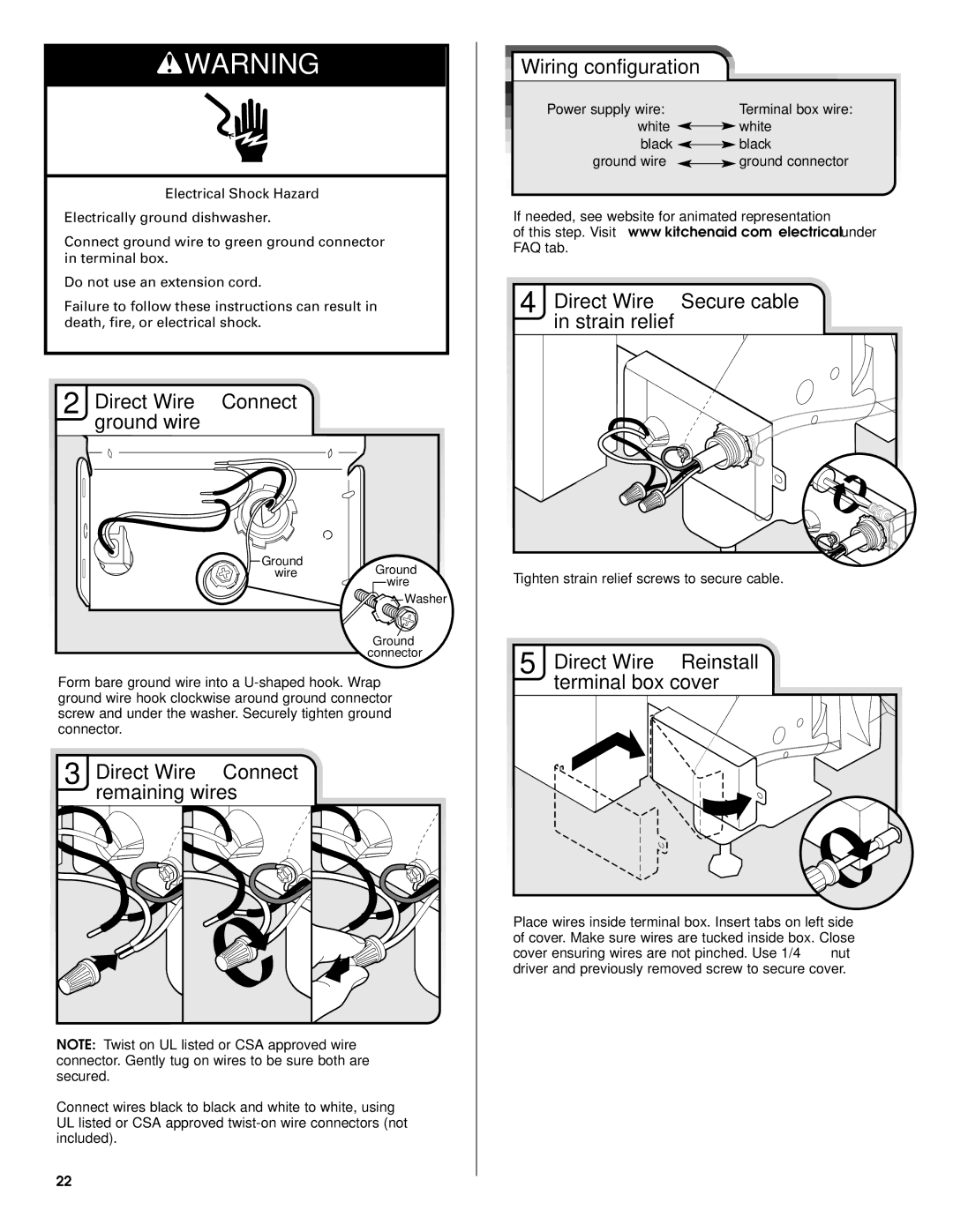 KitchenAid W10056407A, KUDE70FVPA, KUDE60FVPA Direct Wire-Connect ground wire, Direct Wire-Connect remaining wires 