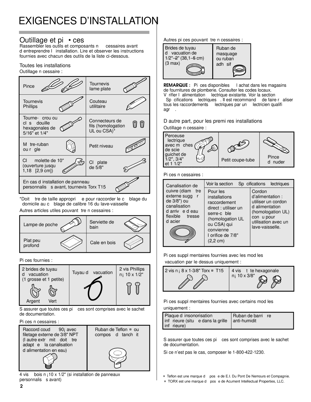 KitchenAid KUDS40FVPA, KUDE70FVPA, KUDE60FVPA, W10056407A, KUDS50FVPA installation instructions Outillage et pièces 