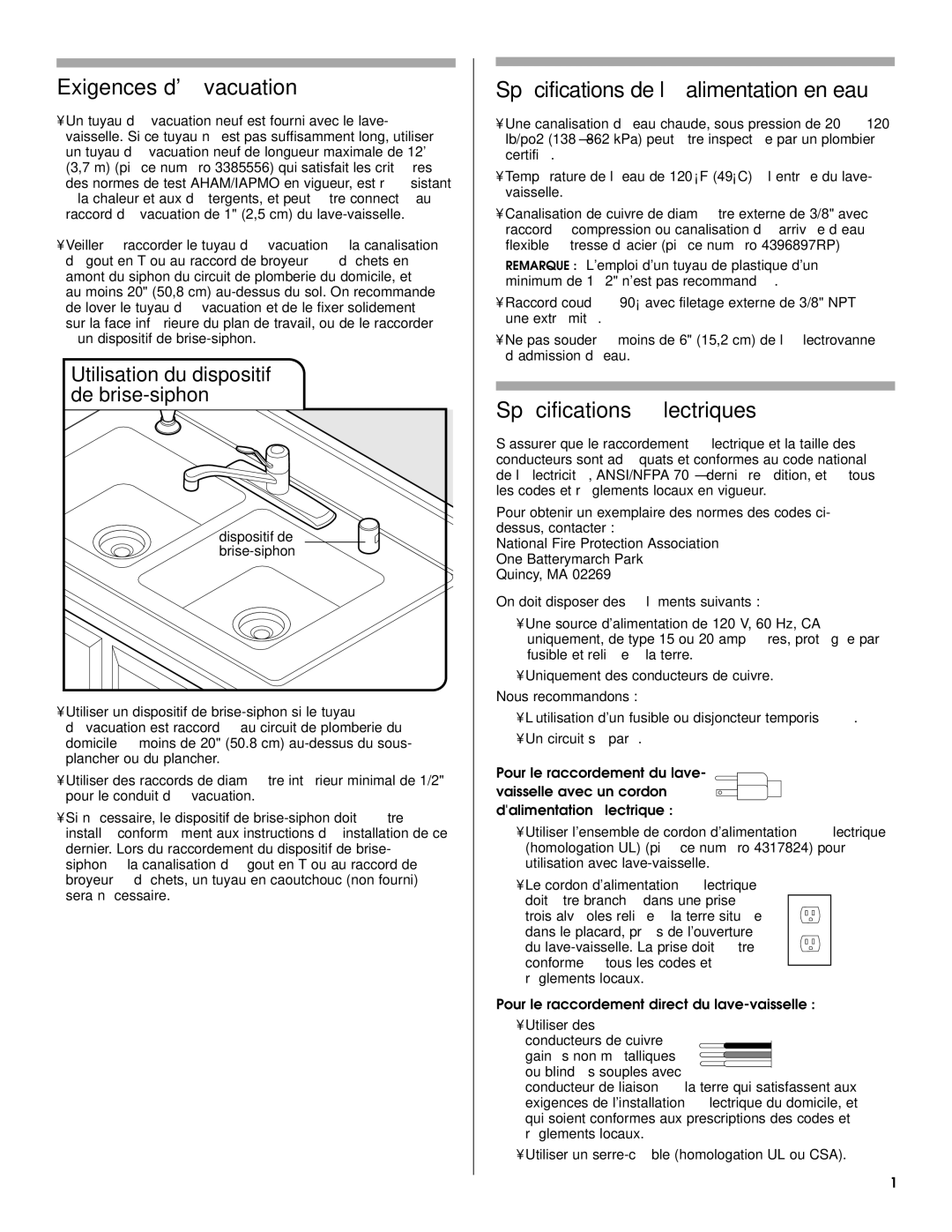 KitchenAid KUDE60FVPA Exigences dévacuation, Spécifications de l’alimentation en eau, Spécifications électriques 