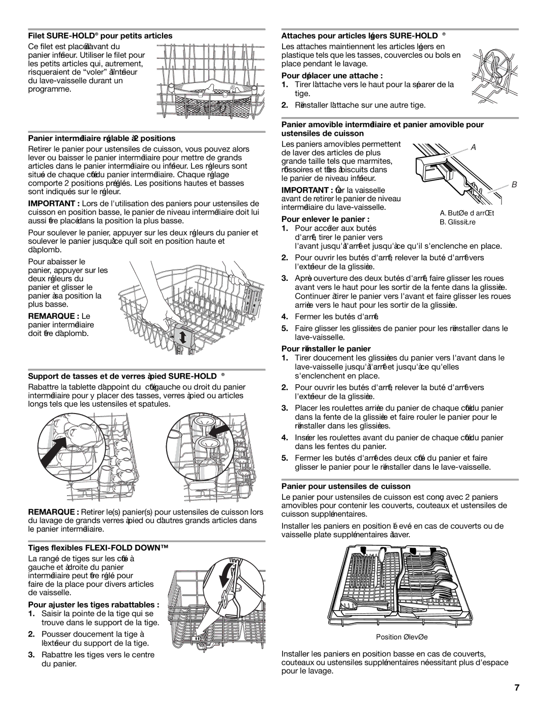 KitchenAid KUDE70FVSS0 warranty Filet SURE-HOLDpour petits articles, Panier intermédiaire réglable à 2 positions 