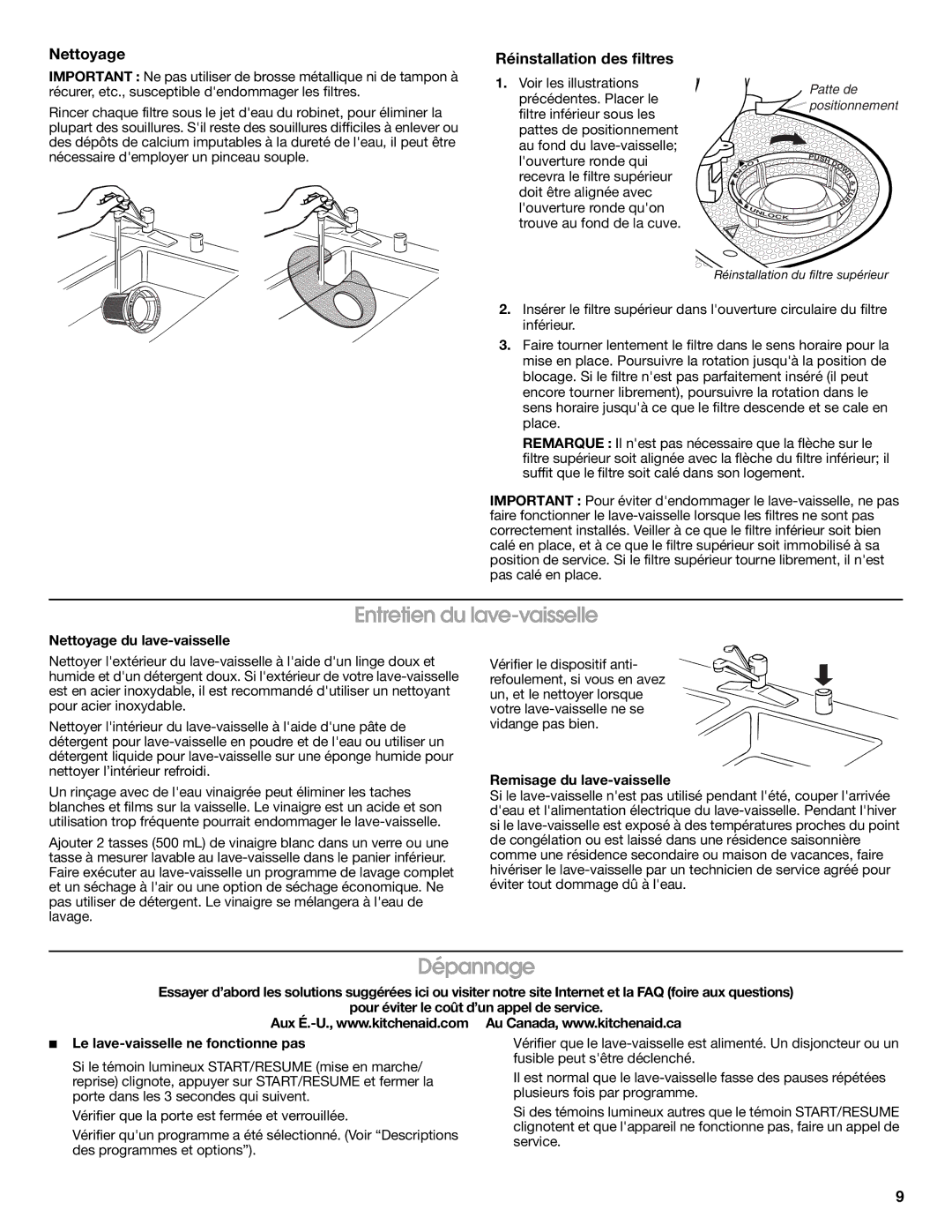 KitchenAid KUDE70FVSS0 warranty Entretien du lave-vaisselle, Dépannage, Nettoyage Réinstallation des filtres 