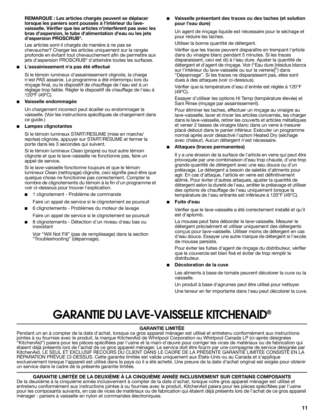 KitchenAid KUDE70FVSS0 warranty Garantie Limitée 