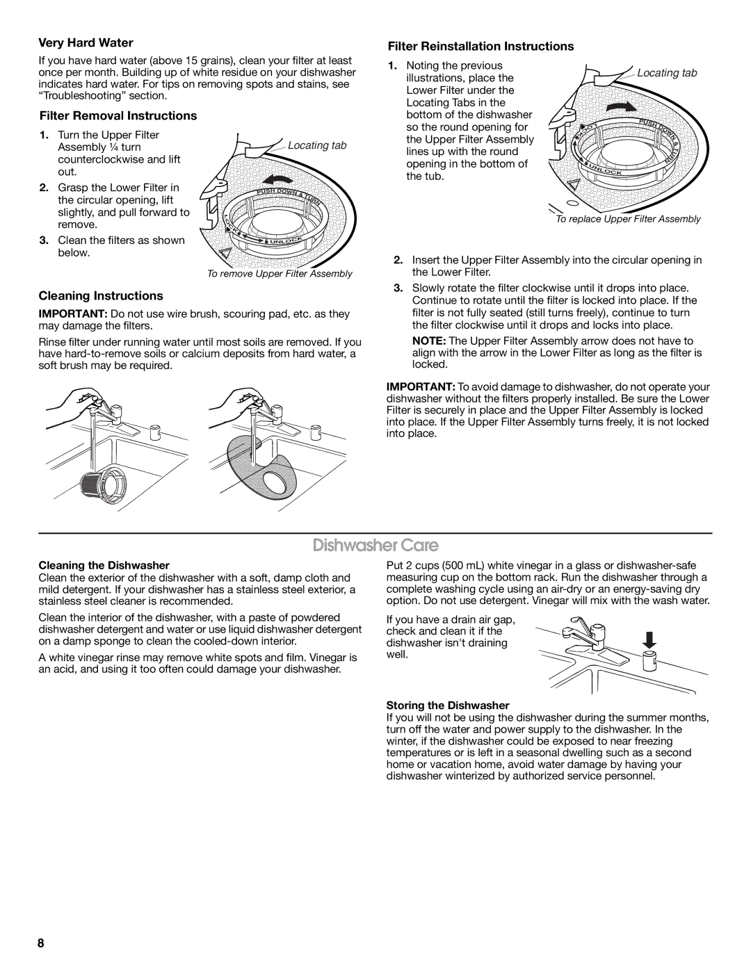 KitchenAid KUDE70FVSS0 Dishwasher Care, Very Hard Water Filter Reinstallation Instructions, Filter Removal Instructions 