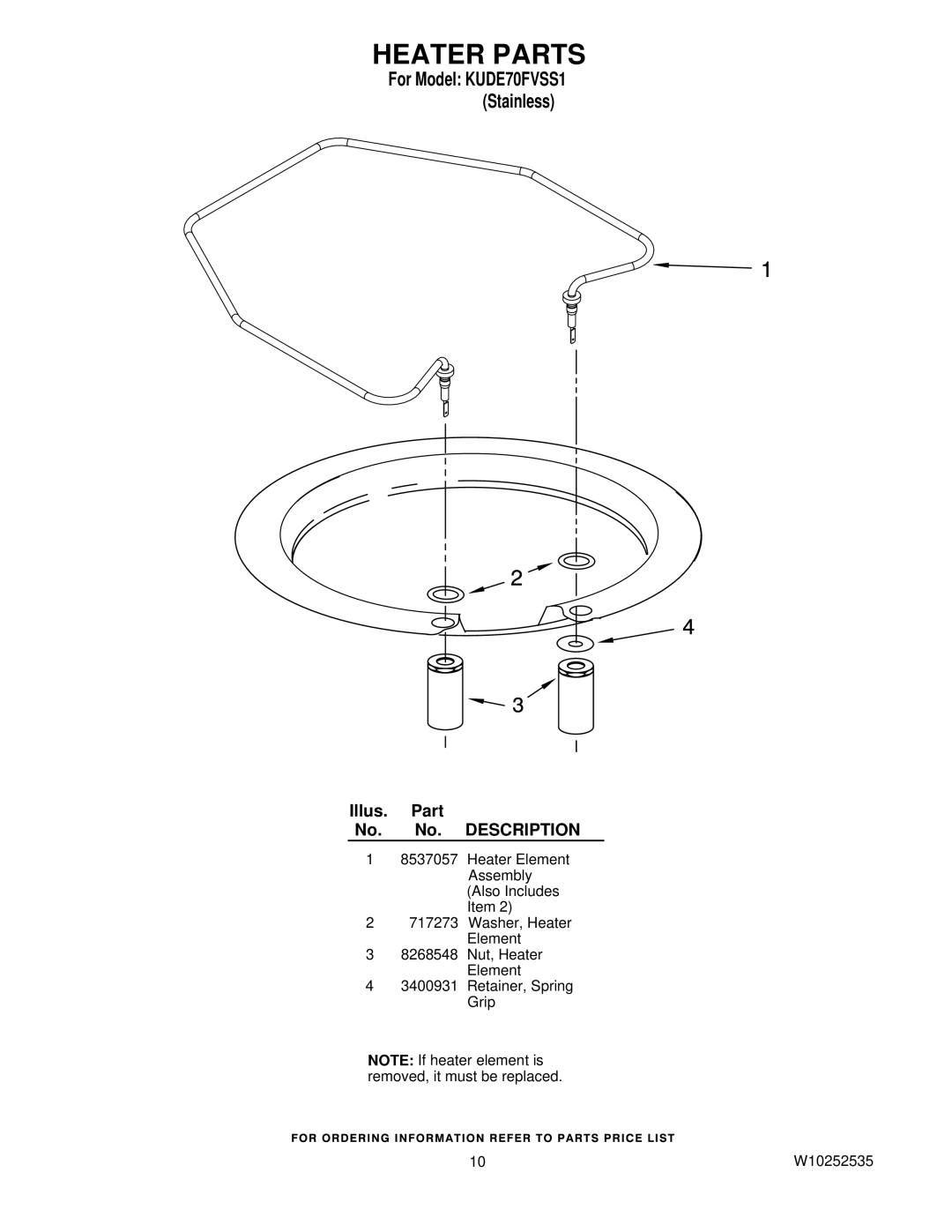 KitchenAid KUDE70FVSS1 manual Heater Parts 