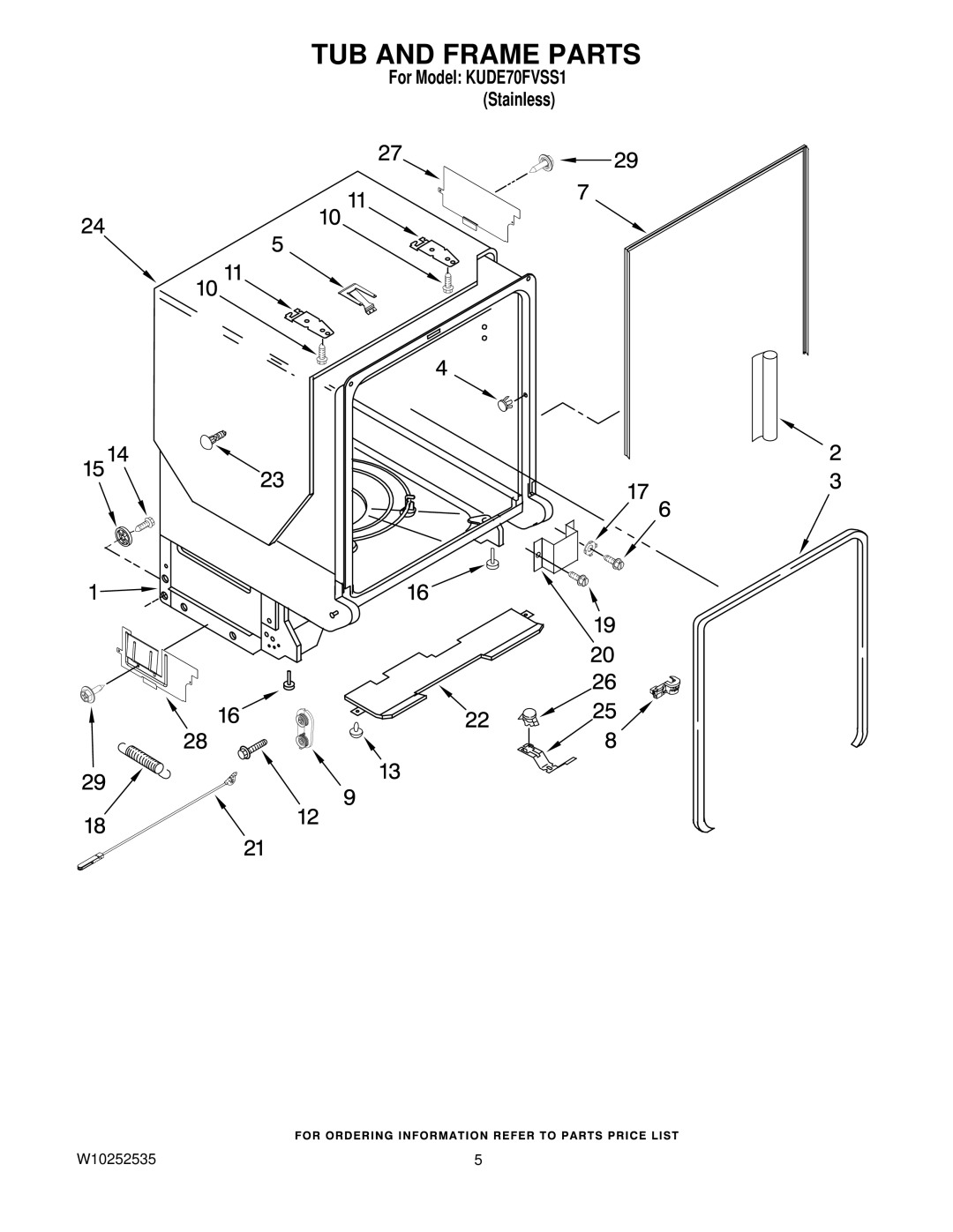 KitchenAid KUDE70FVSS1 manual TUB and Frame Parts 