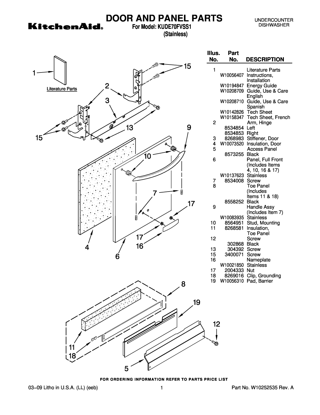 KitchenAid manual Illus, Description, Door And Panel Parts, For Model KUDE70FVSS1, Stainless 