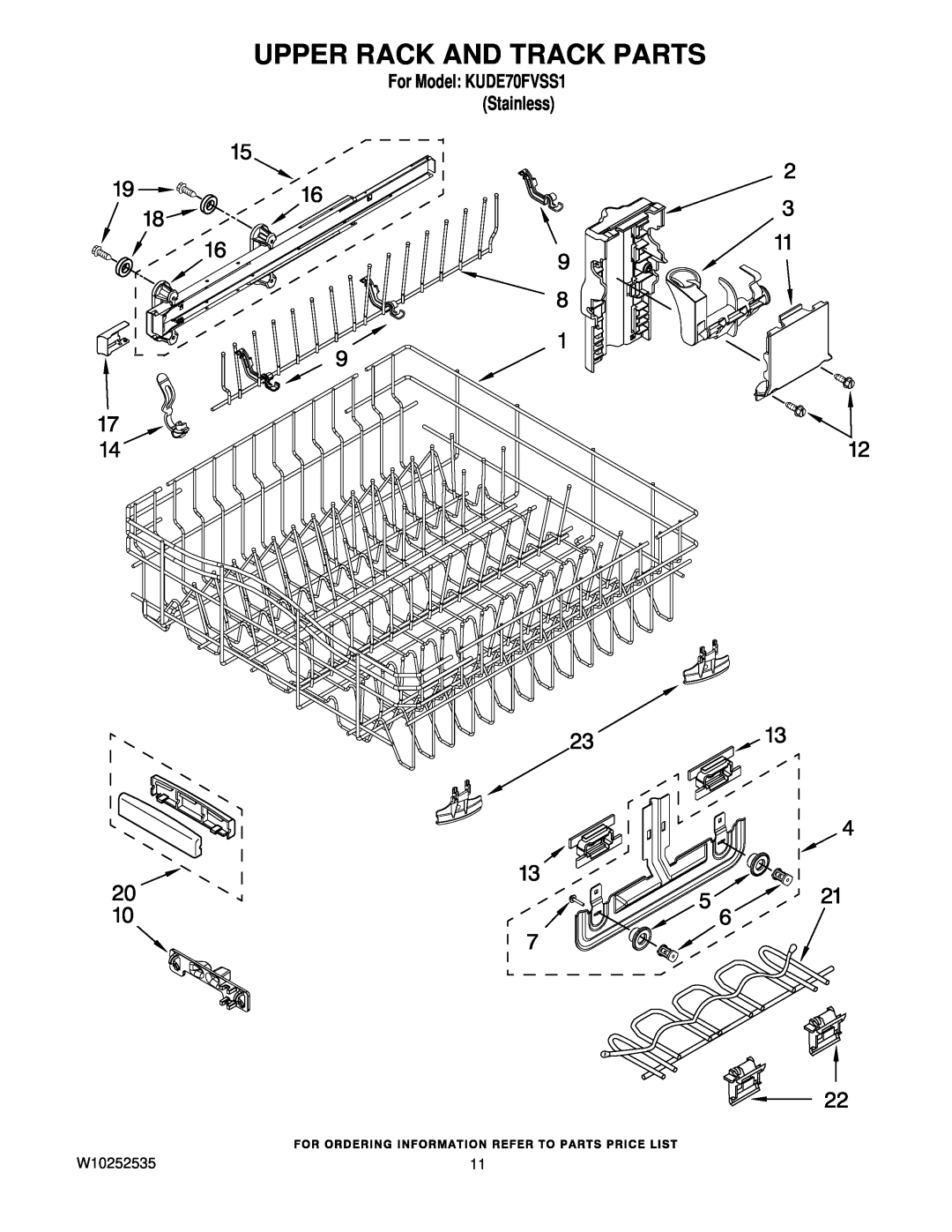 KitchenAid manual Upper Rack And Track Parts, W10252535, For Model KUDE70FVSS1 Stainless 