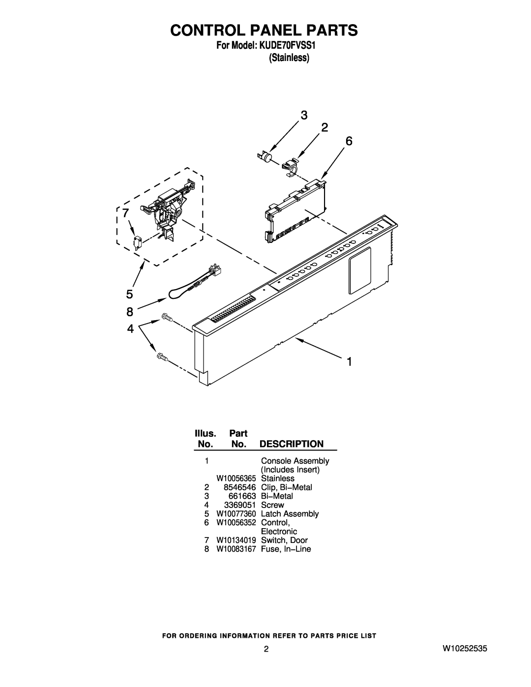 KitchenAid KUDE70FVSS1 Control Panel Parts, Illus, Description, Console Assembly, Includes Insert, Stainless, W10056365 