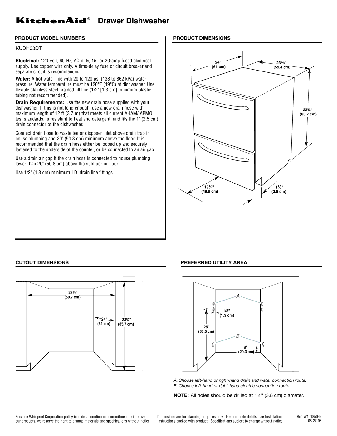 KitchenAid KUDH03DT dimensions Drawer Dishwasher, Product Model Numbers, Product Dimensions, Cutout Dimensions 