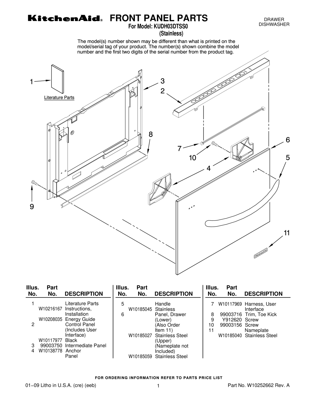 KitchenAid KUDH03DTSS0 manual Front Panel Parts, Illus. Part No. No. Description 