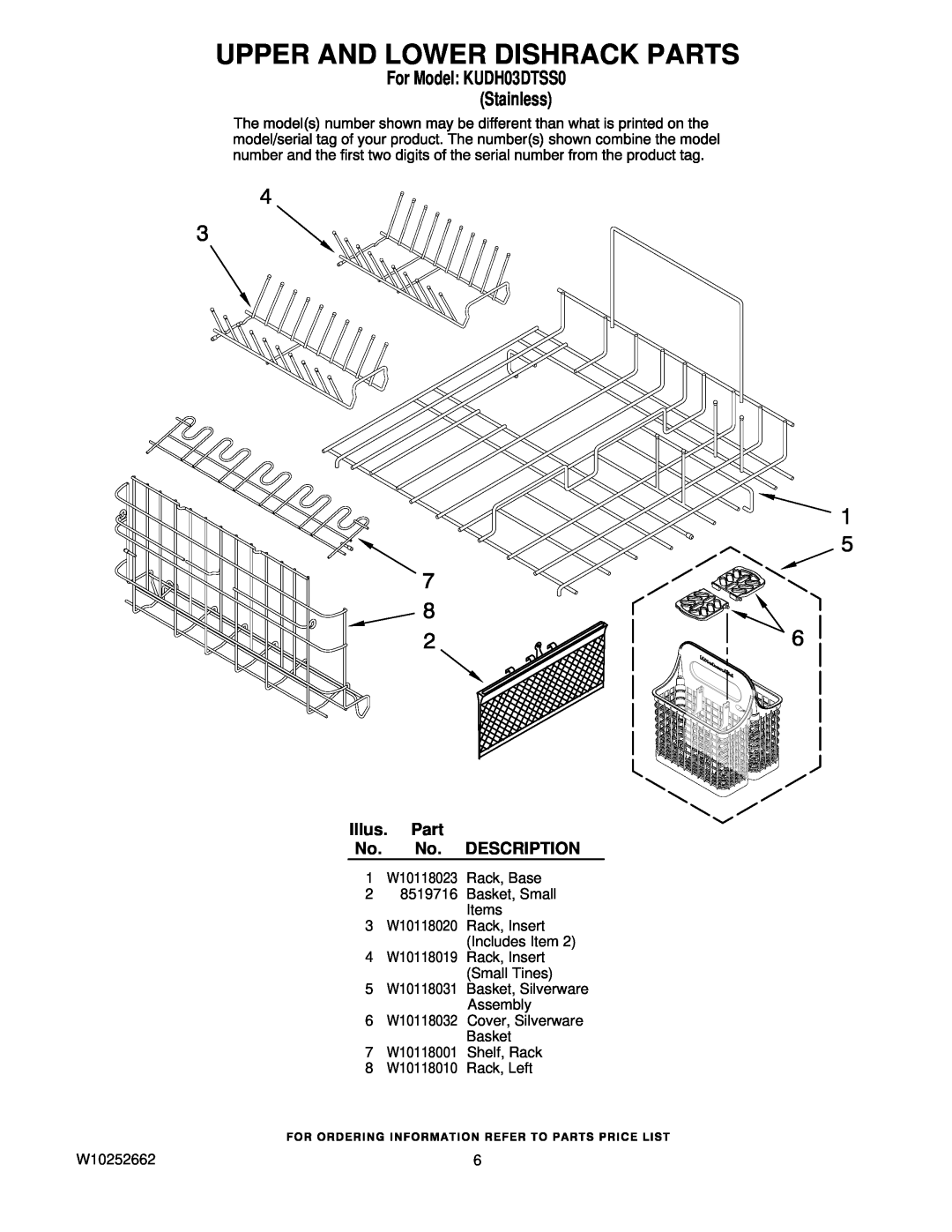 KitchenAid manual Upper And Lower Dishrack Parts, Illus. Part No. No. DESCRIPTION, For Model KUDH03DTSS0 Stainless 