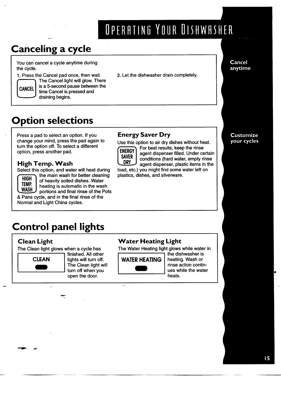 KitchenAid KUDH24SE manual Canceling a cycle, Option selections, Control panel lights 