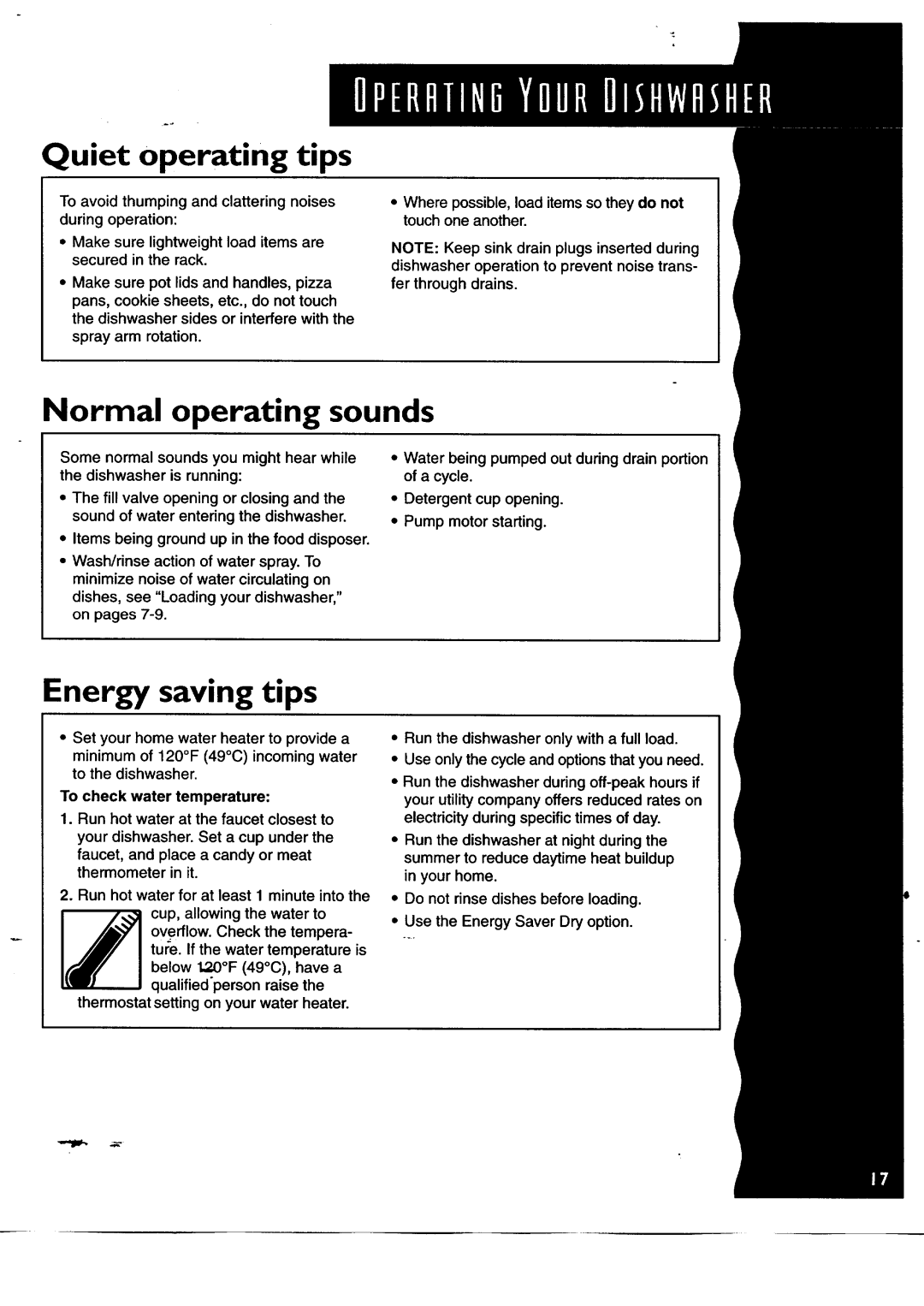 KitchenAid KUDH24SE manual Quiet operating tips, Normal operating sounds, Energy saving tips 