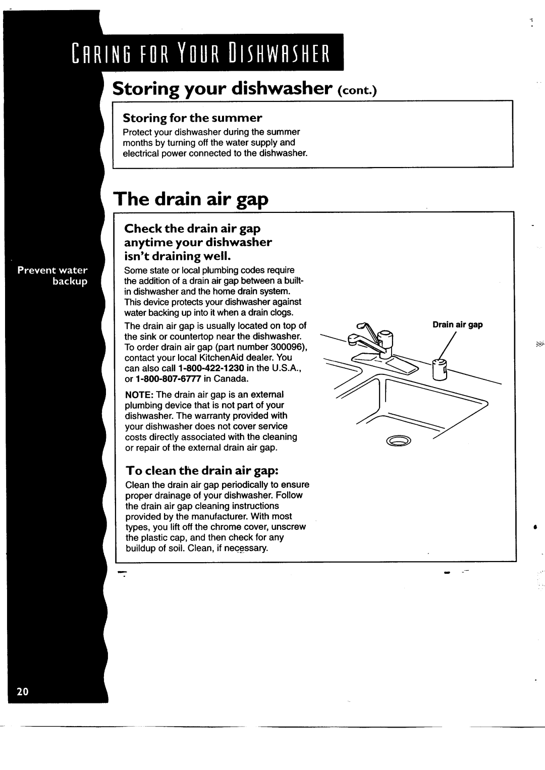 KitchenAid KUDH24SE manual To clean the drain air gap, Storing for the summer 