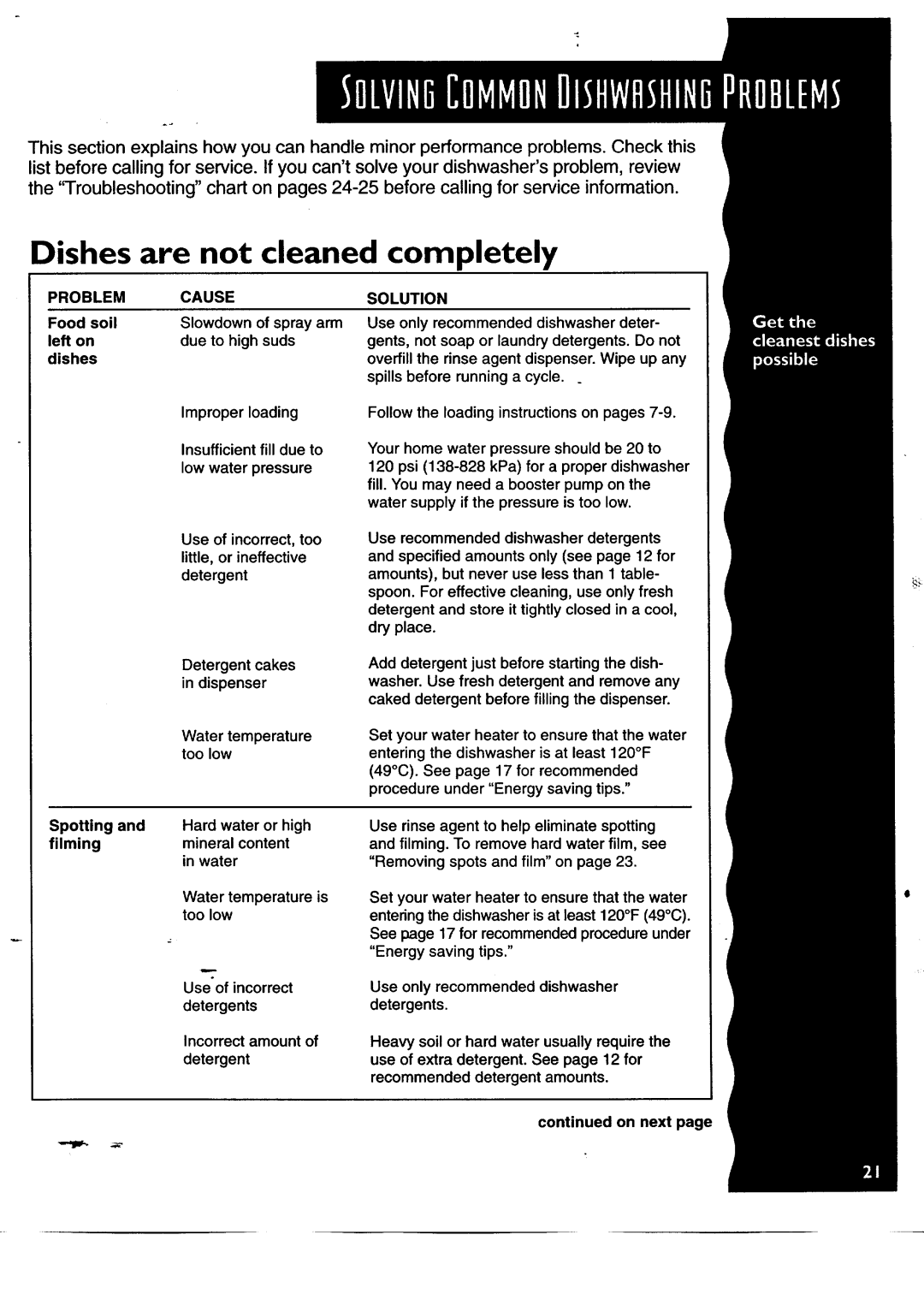 KitchenAid KUDH24SE manual Dishes are not cleaned completely 
