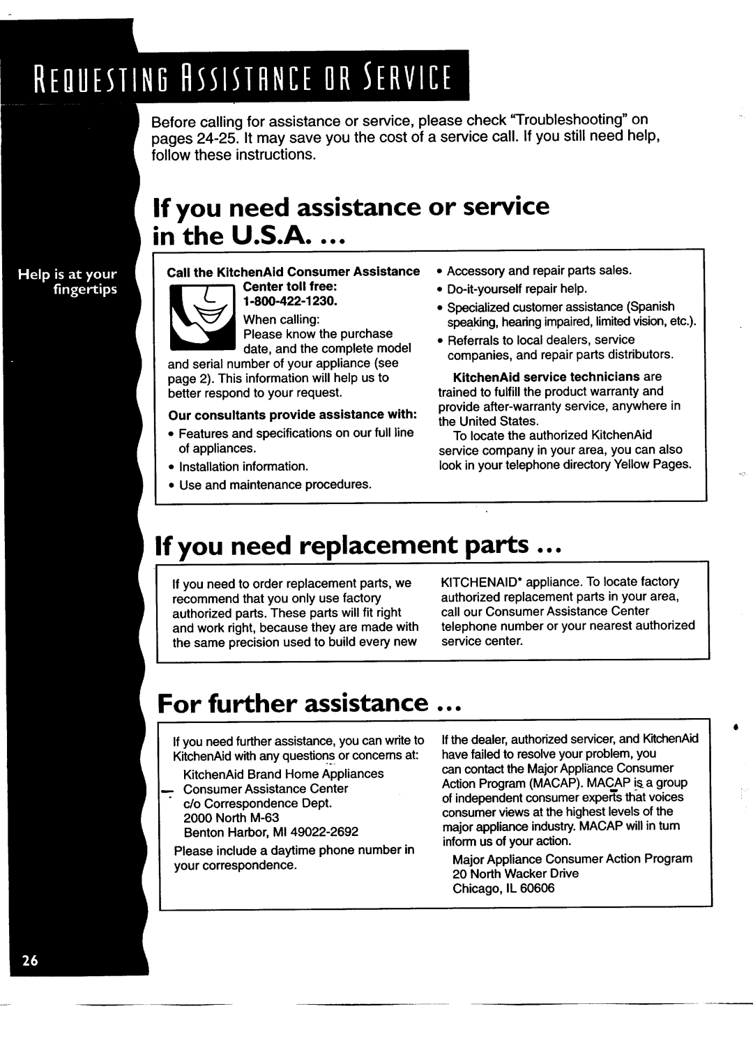 KitchenAid KUDH24SE If you need assistance or service in the U.S.A, If you need replacement, parts, For further assistance 