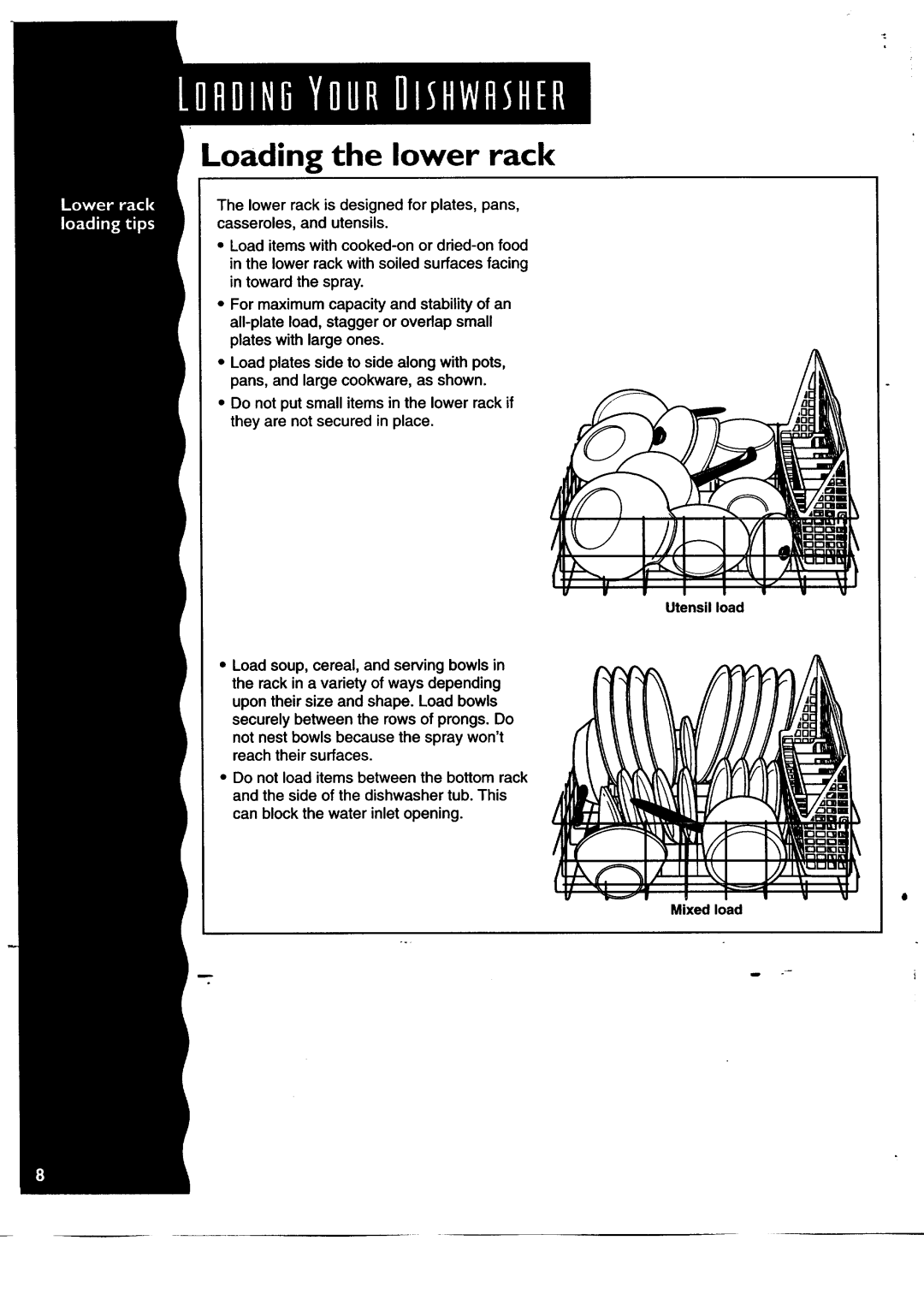 KitchenAid KUDH24SE manual Loading the lower rack 
