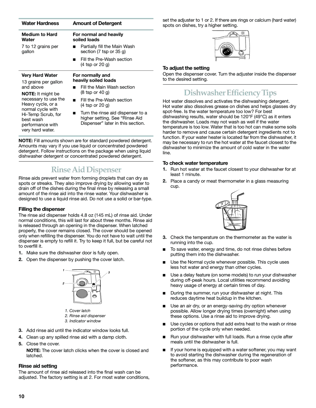 KitchenAid KUDI01DL manual Dishwasher Efficiency Tips, Rinse Aid Dispenser 