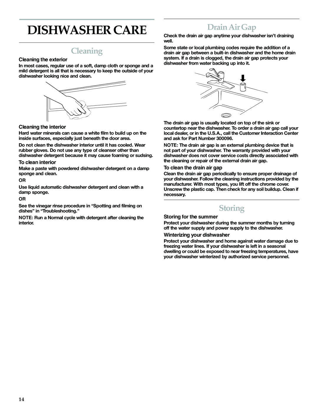 KitchenAid KUDI01DL manual Dishwasher Care, Cleaning, Drain Air Gap, Storing 