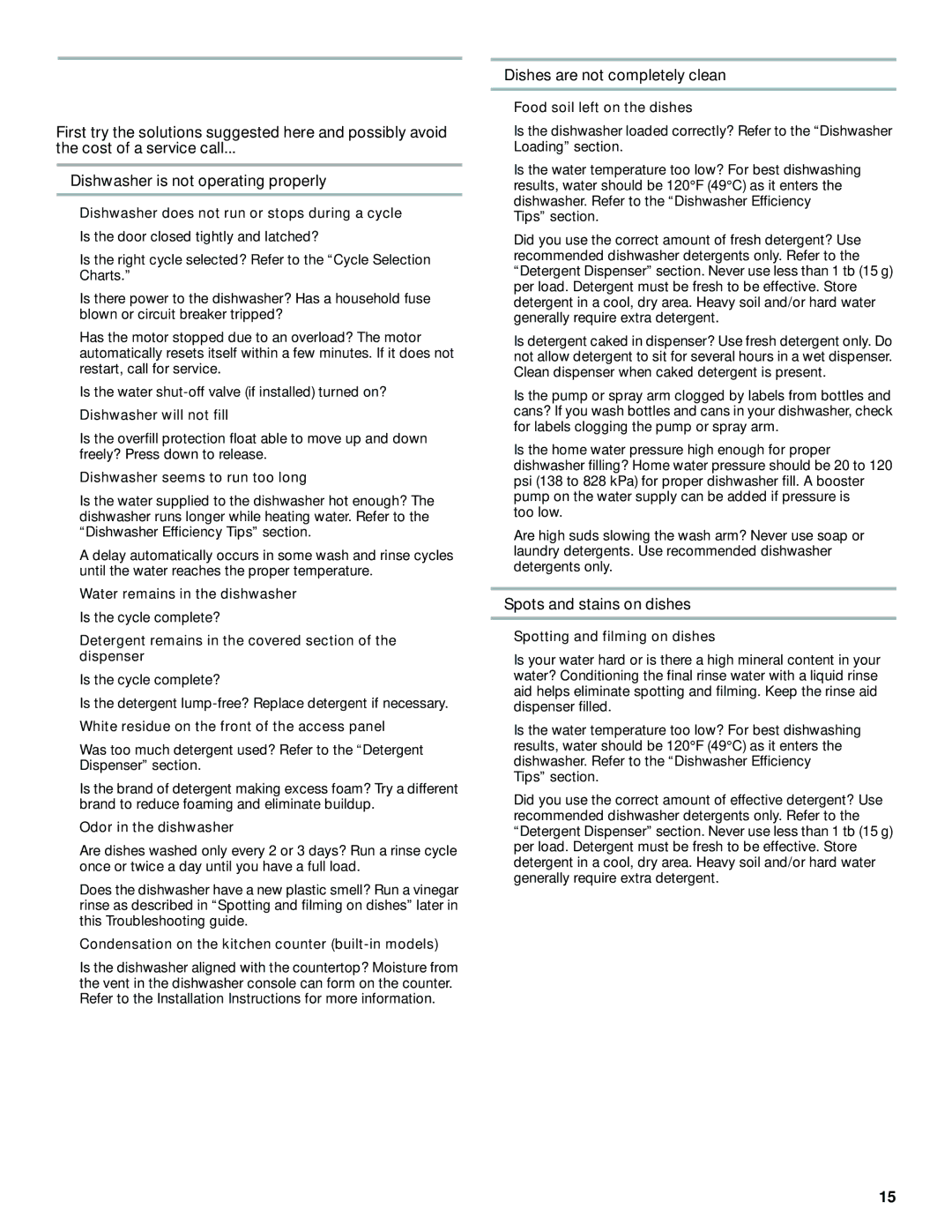 KitchenAid KUDI01DL manual Troubleshooting, Dishes are not completely clean, Spots and stains on dishes 