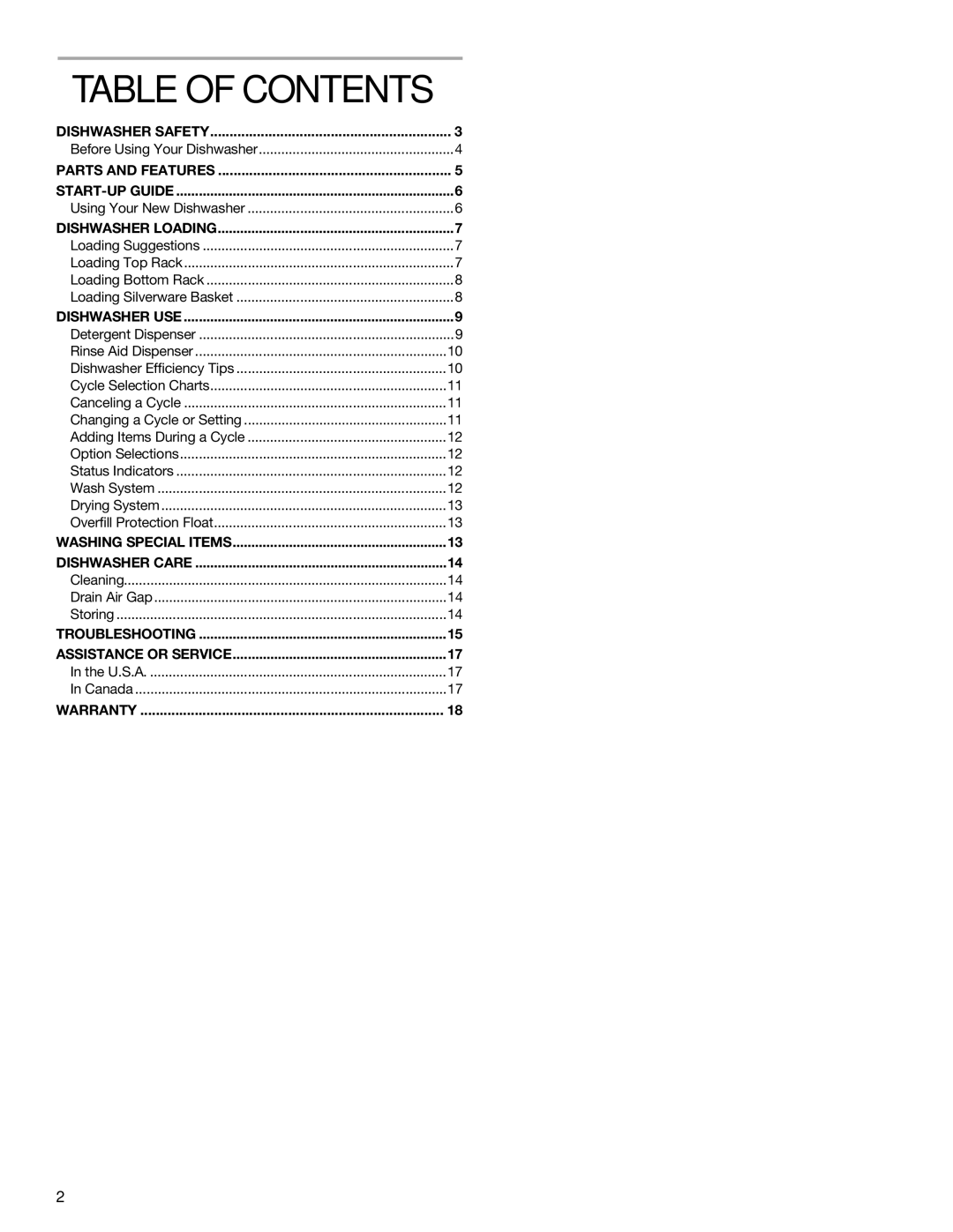 KitchenAid KUDI01DL manual Table of Contents 