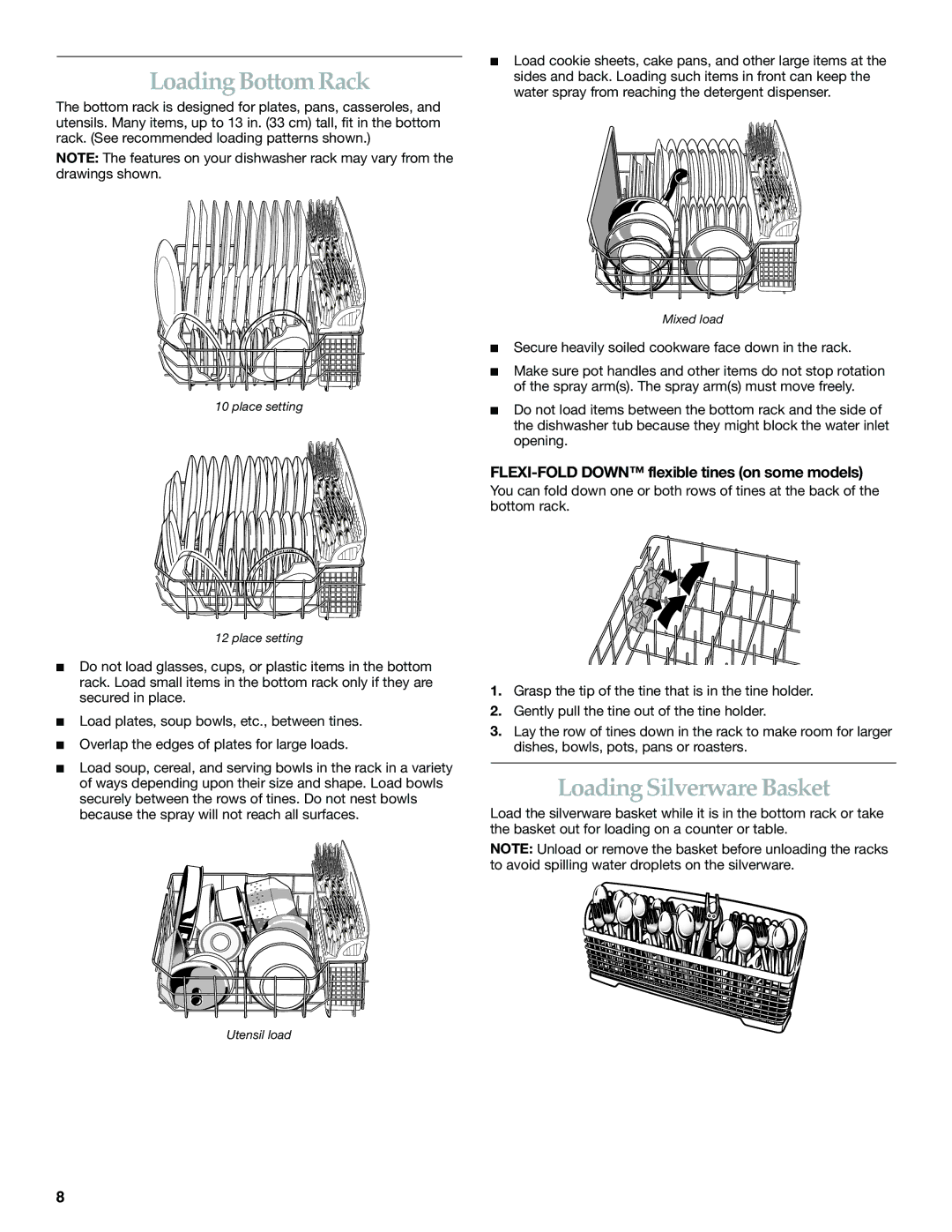 KitchenAid KUDI01DL manual Loading Bottom Rack, Loading Silverware Basket, FLEXI-FOLD Down flexible tines on some models 