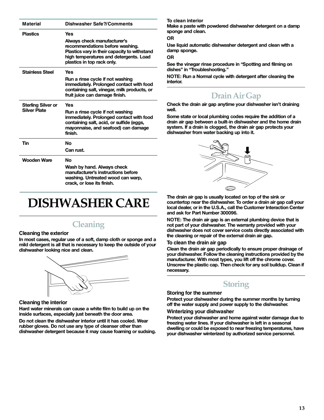 KitchenAid KUDI01FK manual Dishwasher Care, Cleaning, Drain Air Gap, Storing 