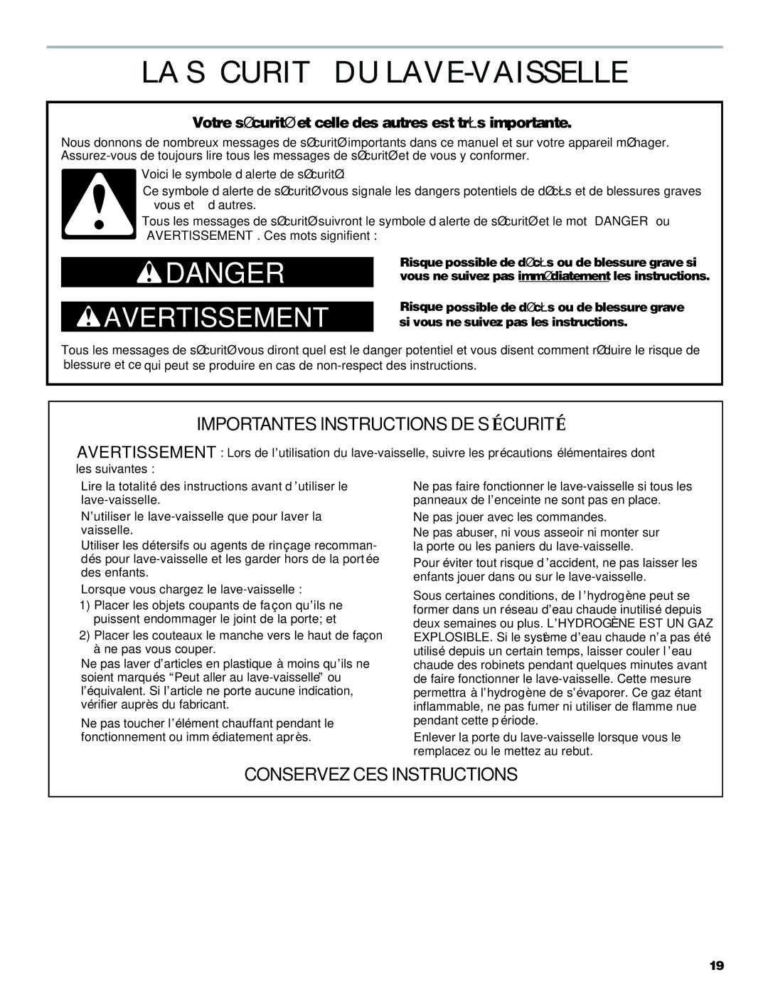 KitchenAid KUDI01FK manual LA Sécurité DU LAVE-VAISSELLE, Votre sécurité et celle des autres est très importante 