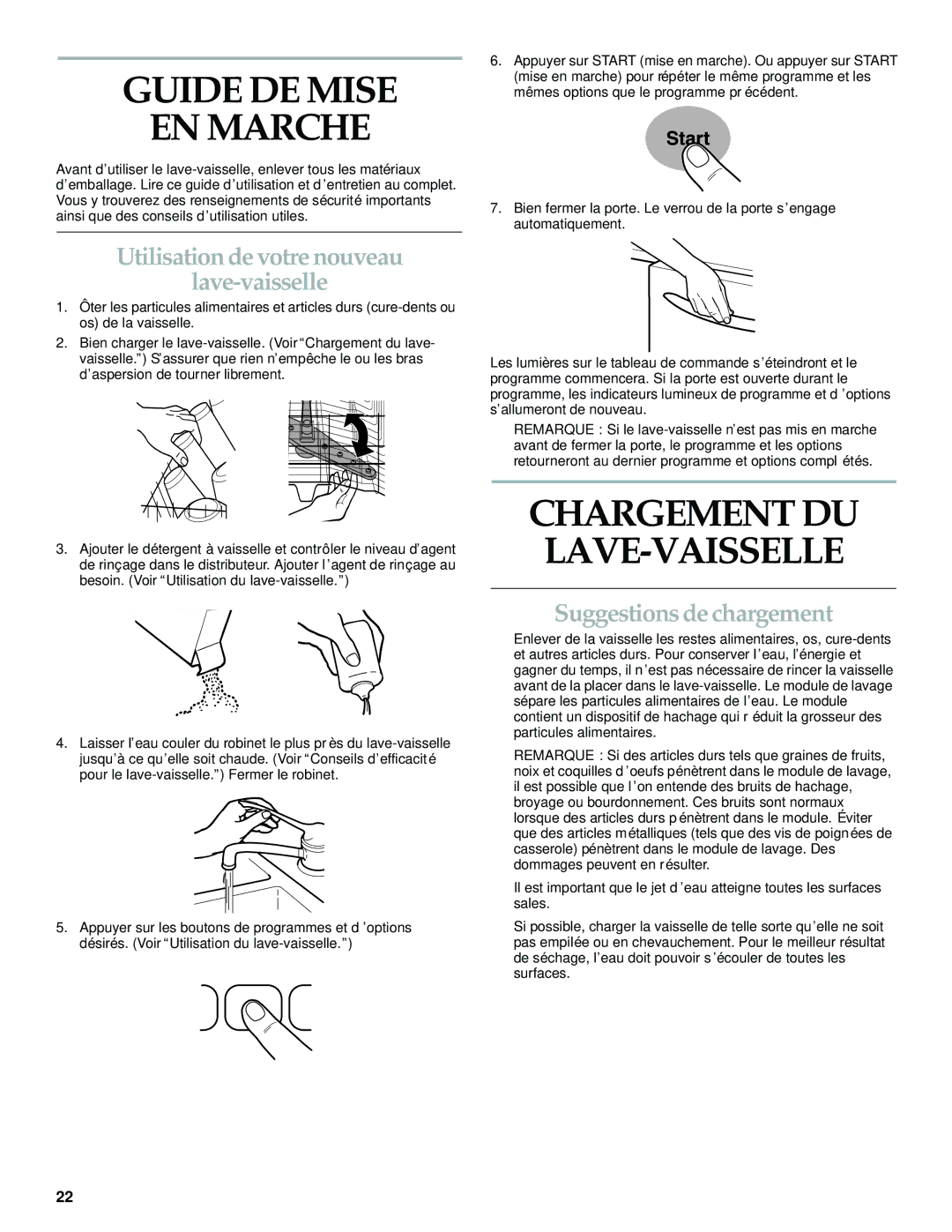 KitchenAid KUDI01FK manual Guide DE Mise EN Marche, Utilisation de votre nouveau Lave-vaisselle, Suggestions de chargement 