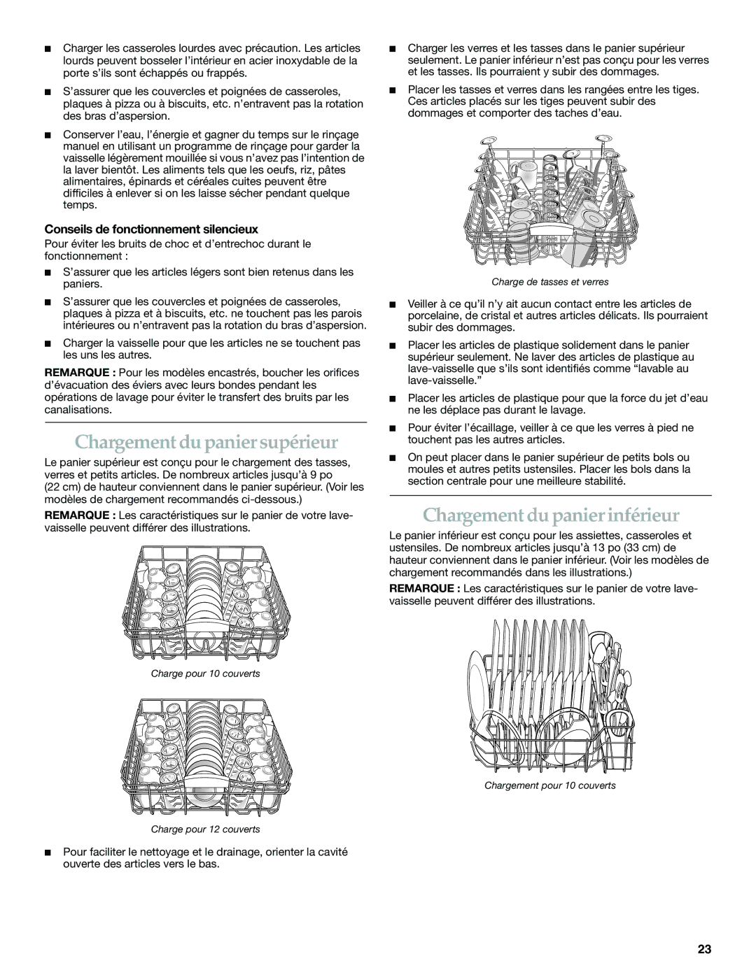 KitchenAid KUDI01FK Chargement du panier supérieur, Chargement du panier inférieur, Conseils de fonctionnement silencieux 