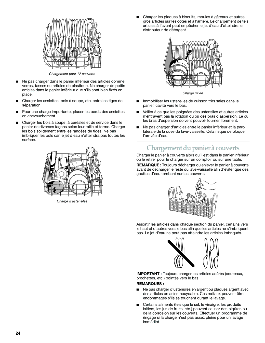 KitchenAid KUDI01FK manual Chargement du panier à couverts, Remarques 