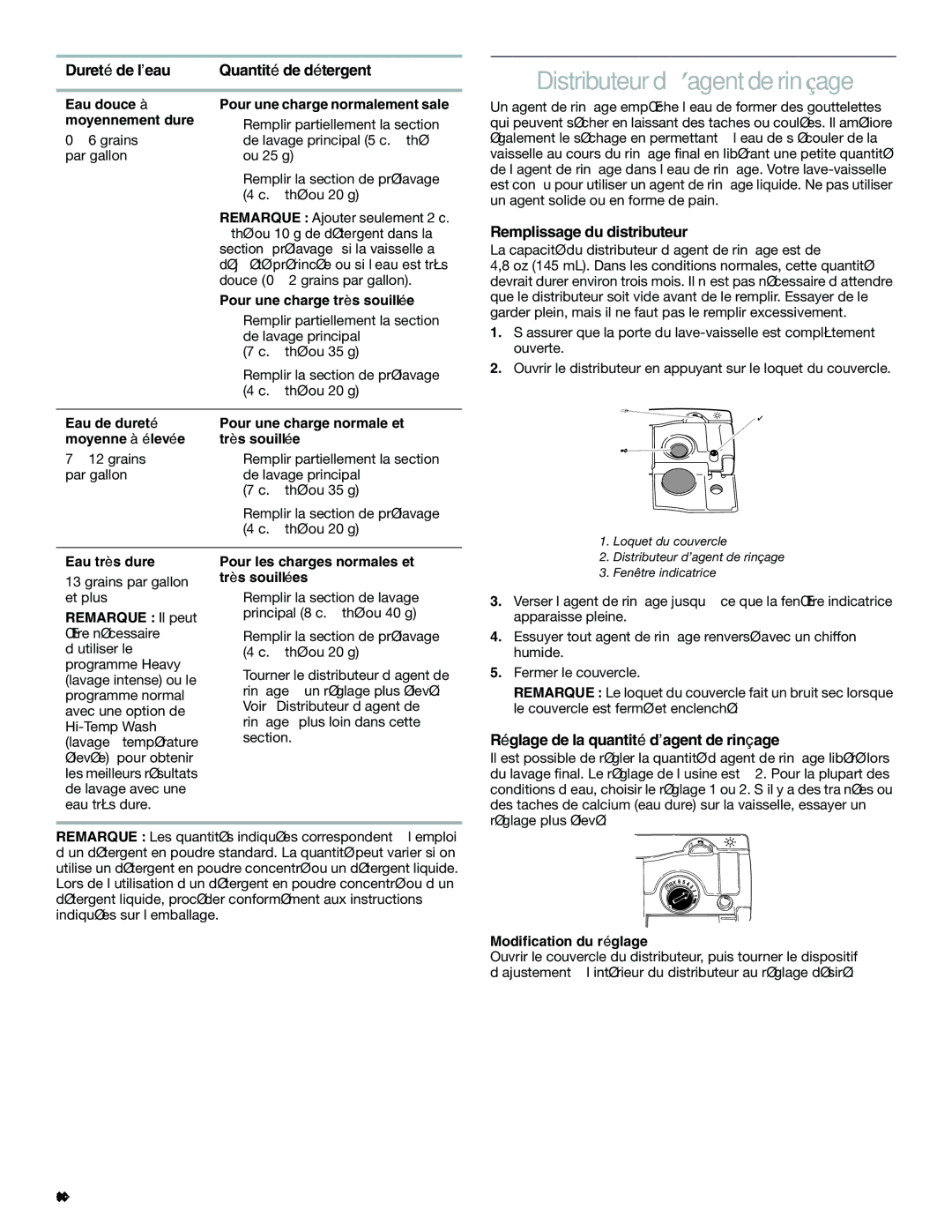 KitchenAid KUDI01FK manual Distributeur d’agent de rinçage, Dureté de l’eau Quantité de détergent 