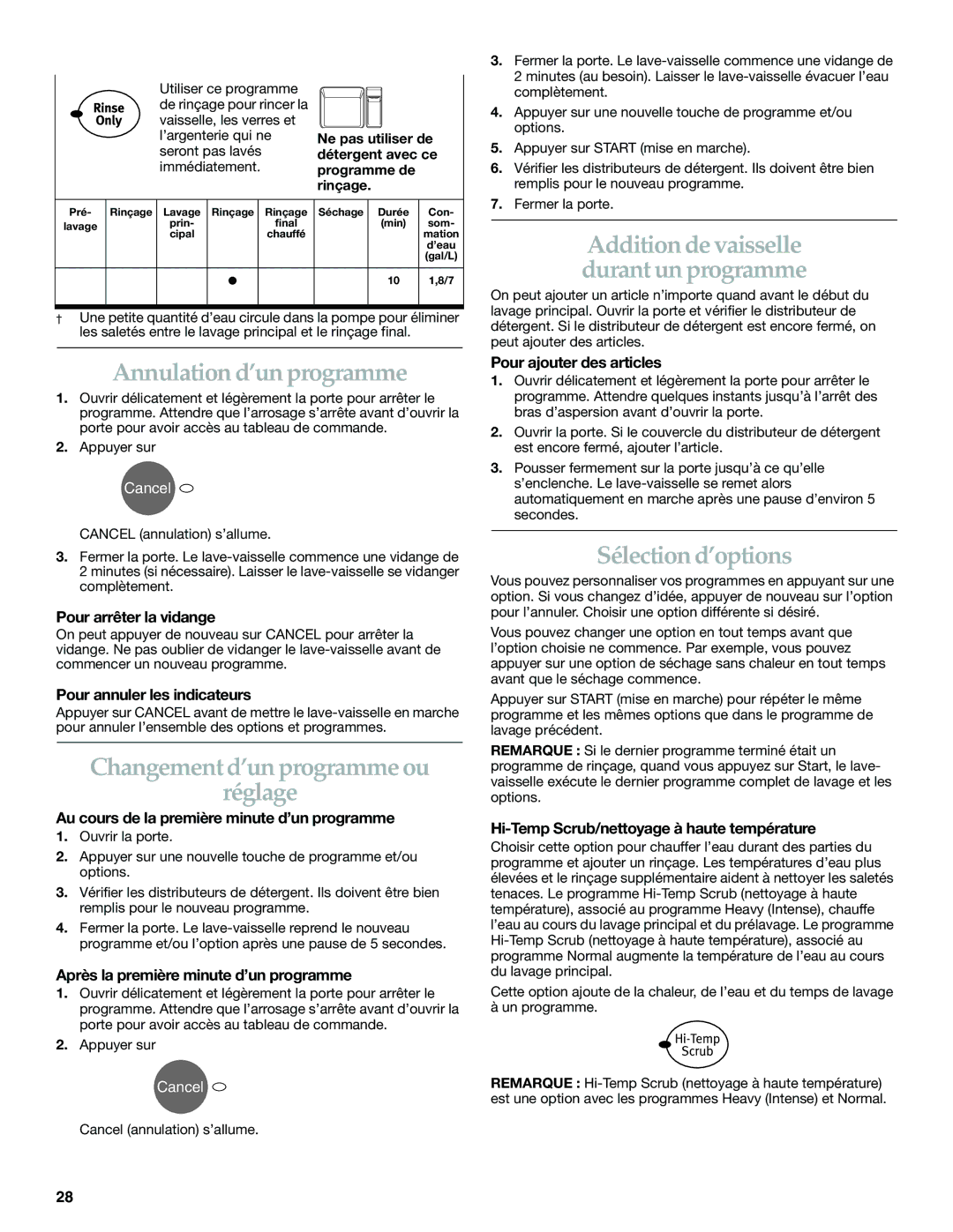 KitchenAid KUDI01FK manual Annulation d’un programme, Changement d’un programme ou Réglage, Sélection d’options 