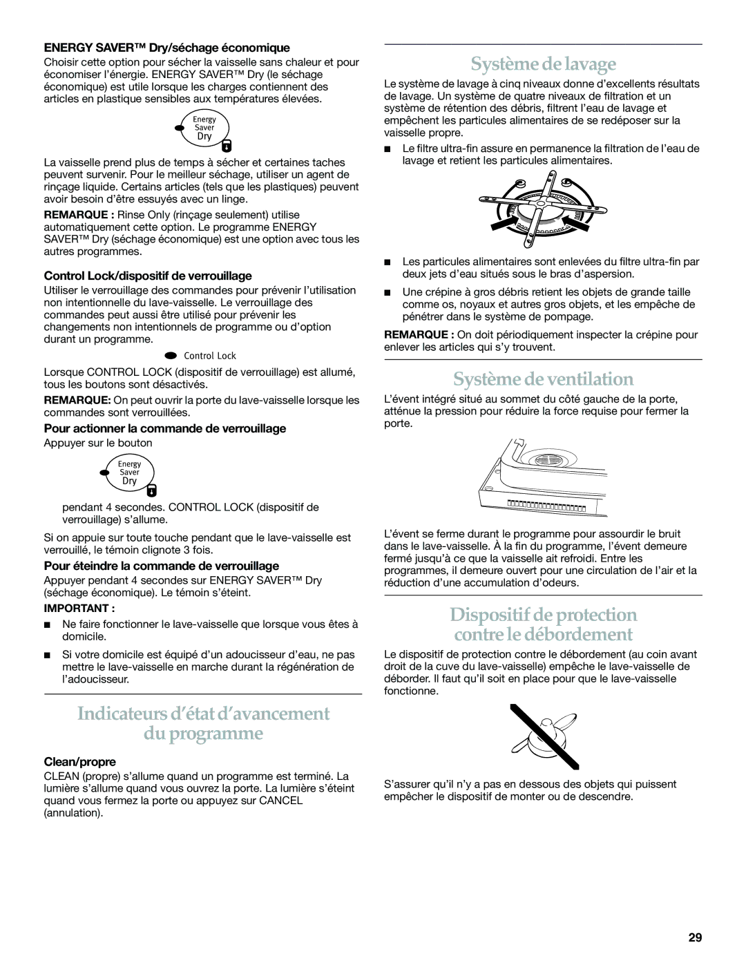 KitchenAid KUDI01FK manual Indicateurs d’état d’avancement Du programme, Système de lavage, Système de ventilation 