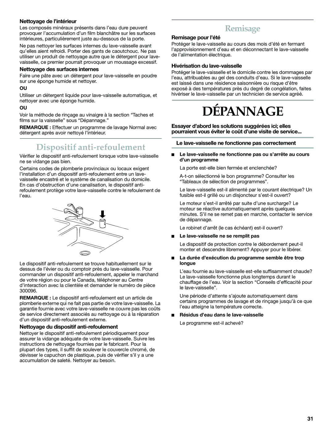 KitchenAid KUDI01FK manual Dépannage, Dispositif anti-refoulement, Remisage 