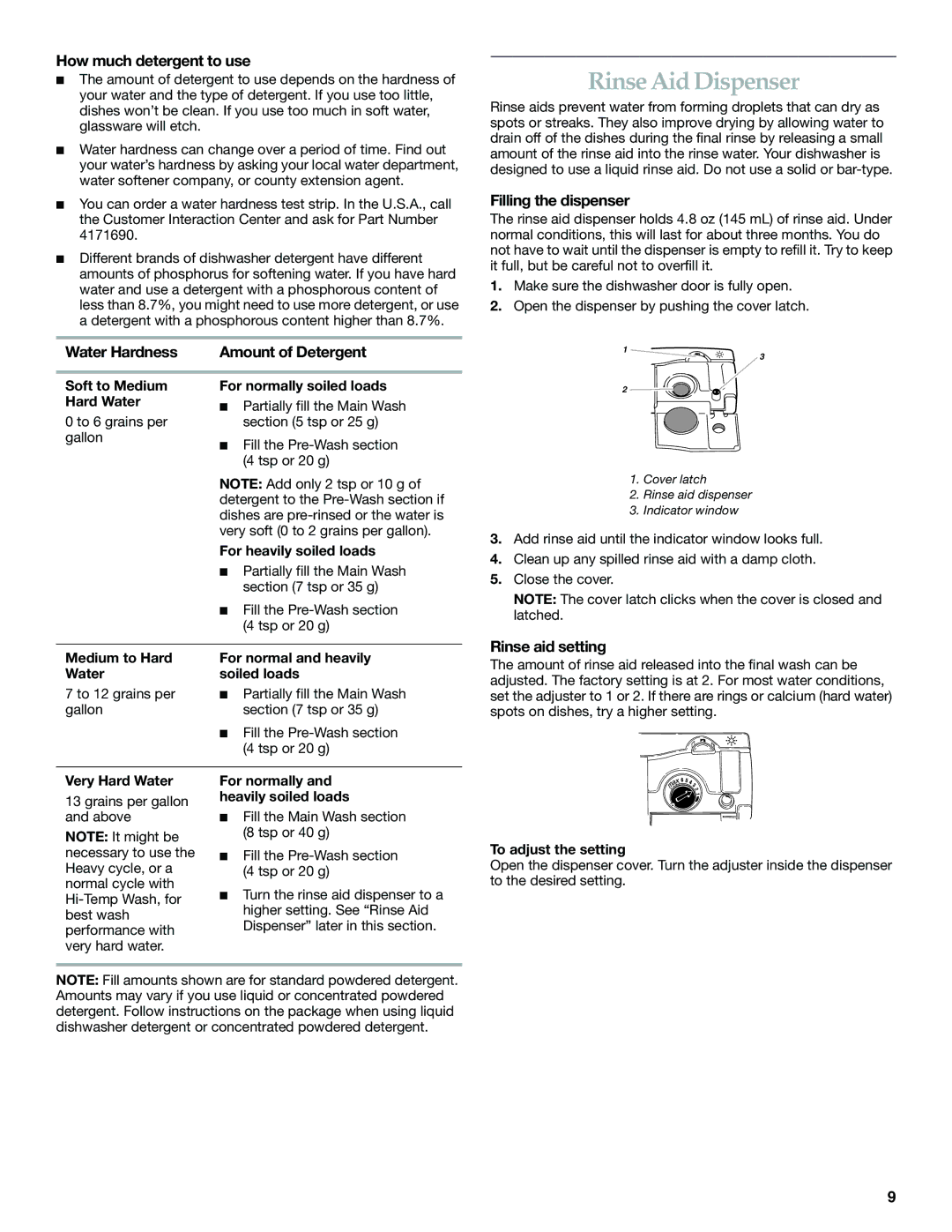 KitchenAid KUDI01FK manual Rinse Aid Dispenser, How much detergent to use, Water Hardness, Rinse aid setting 