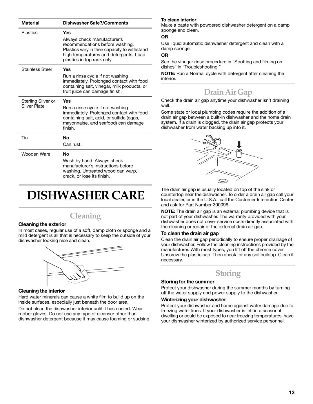 KitchenAid KUDI01FK manual Dishwasher Care, Drain Air Gap, Storing, Cleaning the exterior, Cleaning the interior 