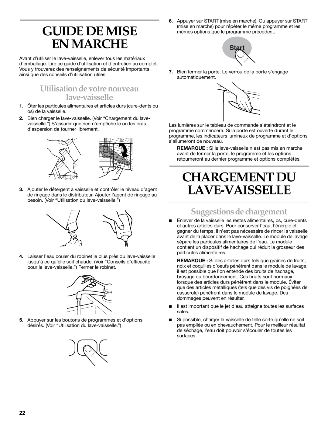 KitchenAid KUDI01FK manual Guide De Mise En Marche, Utilisation de votre nouveau lave-vaisselle, Suggestions de chargement 