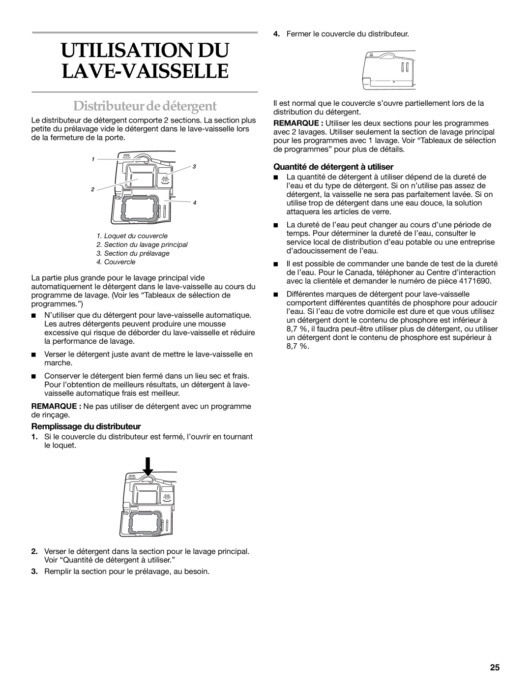 KitchenAid KUDI01FK manual Utilisation Du Lave-Vaisselle, Distributeur de détergent, Remplissage du distributeur 